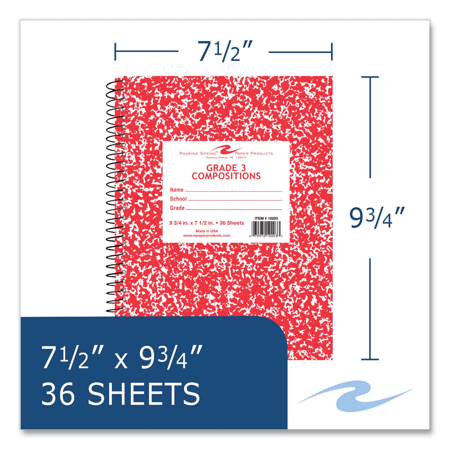 Roaring Spring® Wirebound Composition Book, 1 Sub, Grade 1 Manuscript Format, Red Cover, (36) 9.75 x 7.5 Sheets, 48/Carton