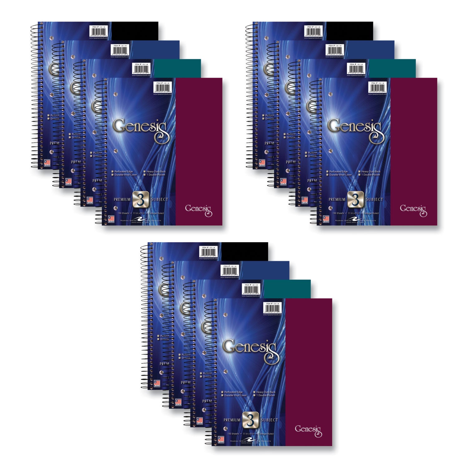 Genesis Notebook, 3-Subject, Medium/College Rule, Randomly Assorted Cover Color, (150) 11 x 9 Sheets, 12/Carton