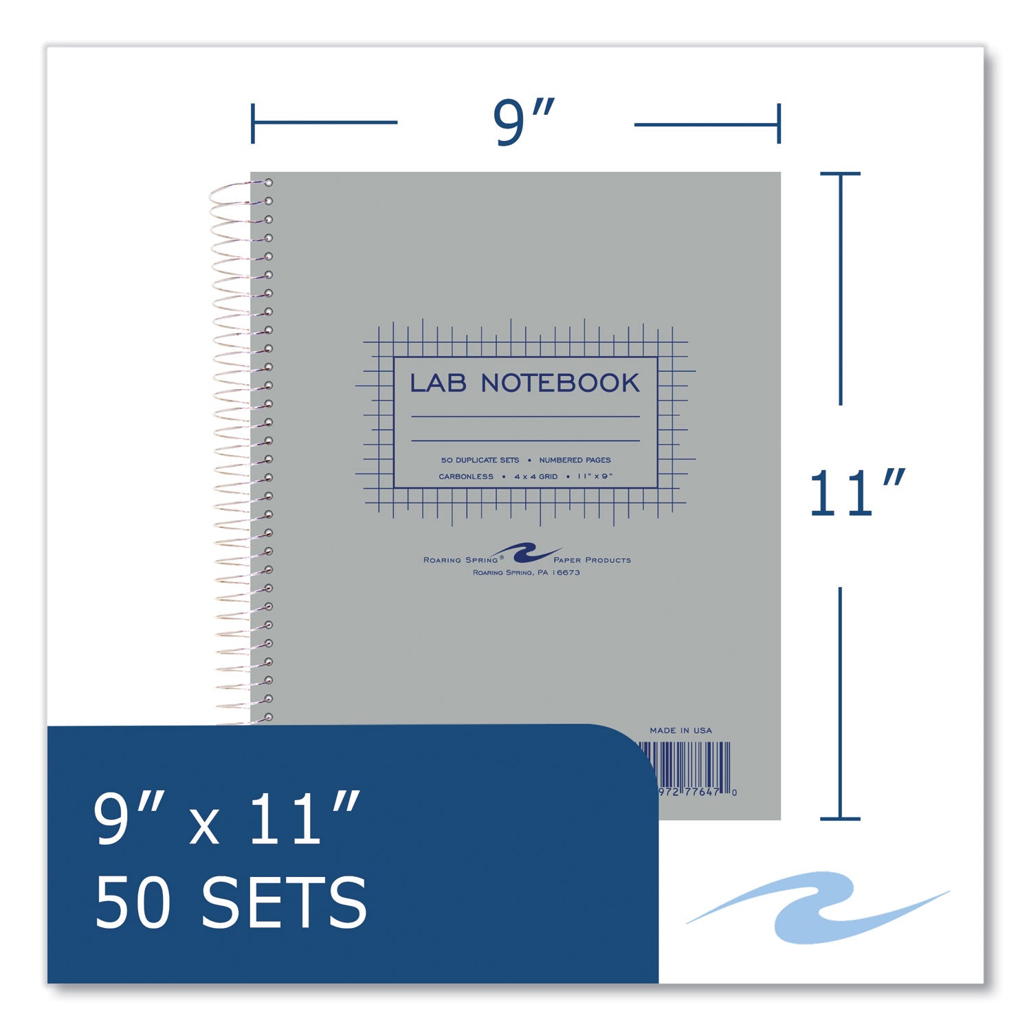 Roaring Spring® Lab and Science Carbonless Notebook, Quad Rule (4 sq/in), Gray Cover, (100) 11 x 9 Sheets, 12/Carton