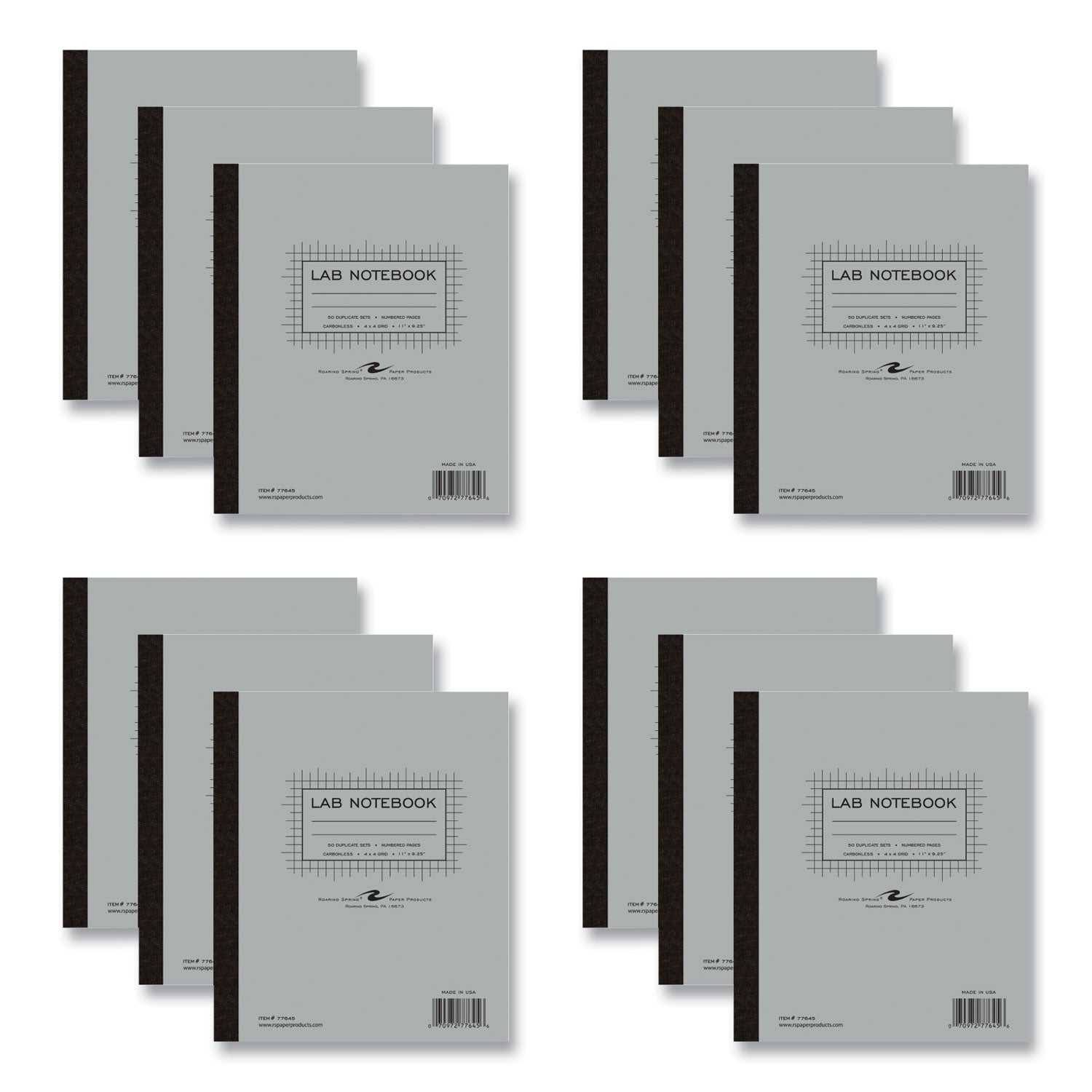 Lab and Science Carbonless Notebook, Quad Rule (4 sq/in), Gray Cover, (100) 11x9.25 Sheets, 12/Carton