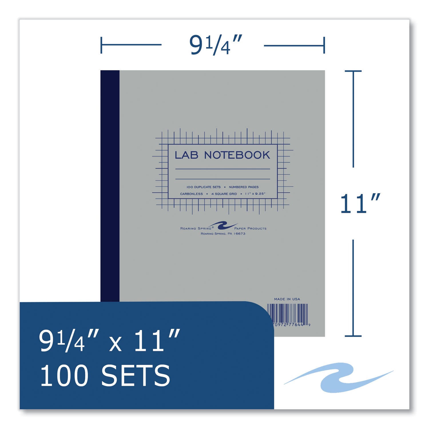 Roaring Spring® Lab and Science Carbonless Notebook, Quad Rule (4 sq/in), Gray Cover, (200) 11 x 9.25 Sheets, 5/Carton