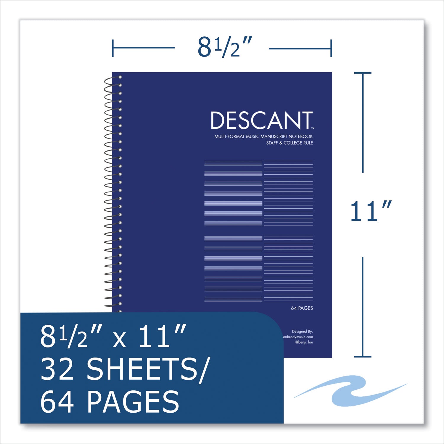 Roaring Spring® Music Notebook, Medium/College Rule, Transcription Format, Blue Cover, (32) 8.5 x 11 Sheets, 24/Carton