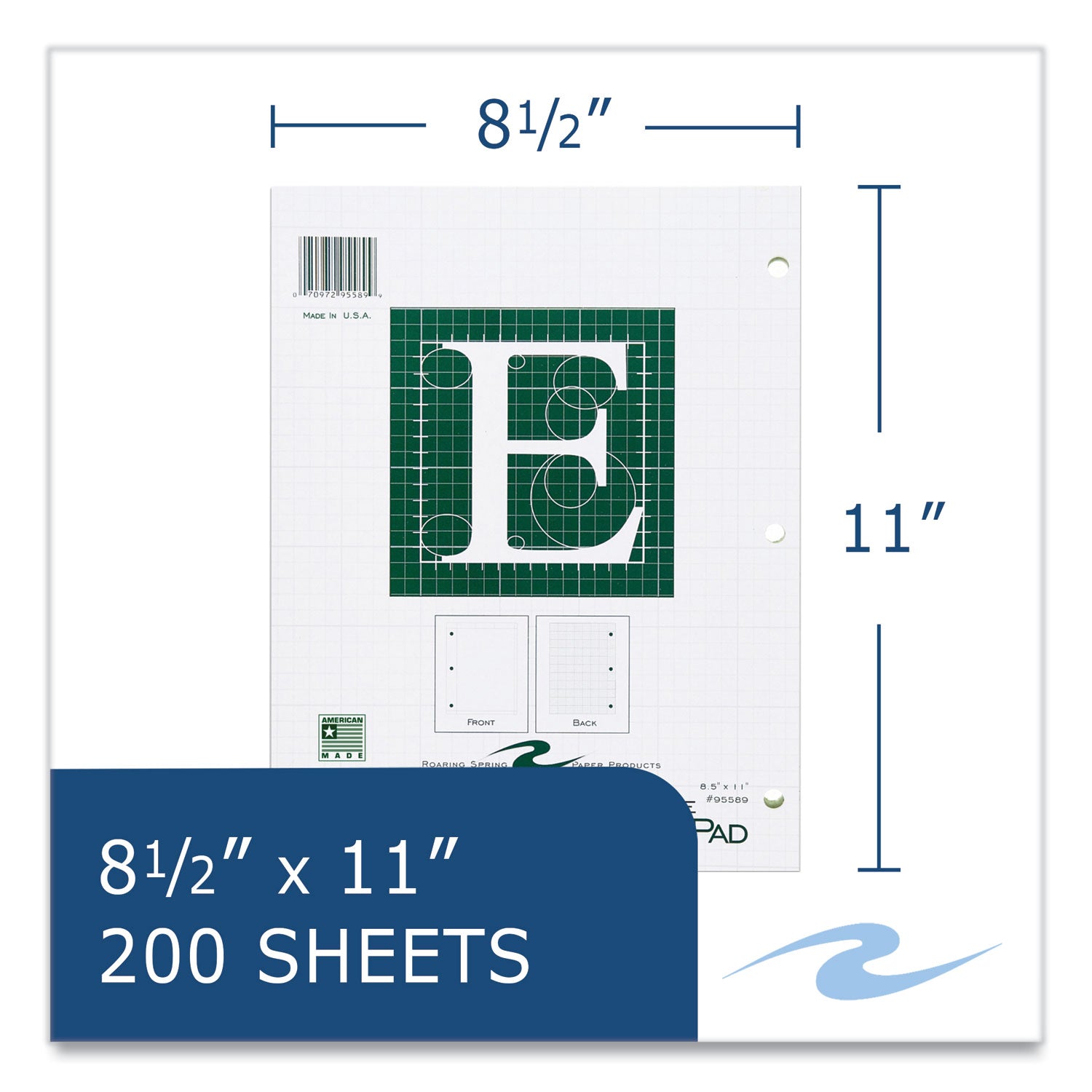 Roaring Spring® Engineer Pad, (1.25" Margin), Quad Rule (5 sq/in, 1 sq/in), 200 Light Green 8.5 x 11 Sheets/Pad, 12/Carton