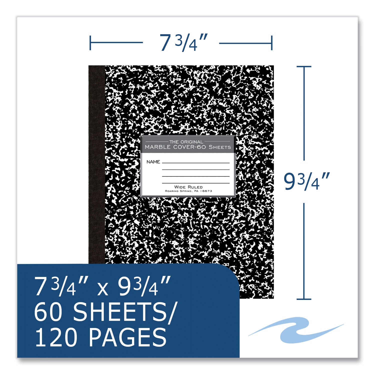 Roaring Spring® Flexible Cover Composition Notebook, Wide/Legal Rule, Black Marble Cover, (60) 10 x 8 Sheets, 72/Carton