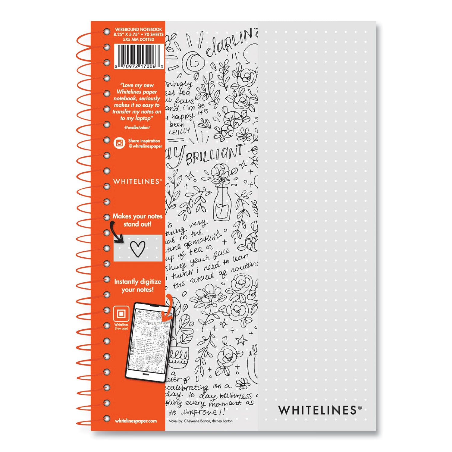 Roaring Spring® Whitelines Notebook, Dot Rule (5 mm), Gray/Orange Cover, (70) 8.25 x 5.75 Sheets, 12/Carton