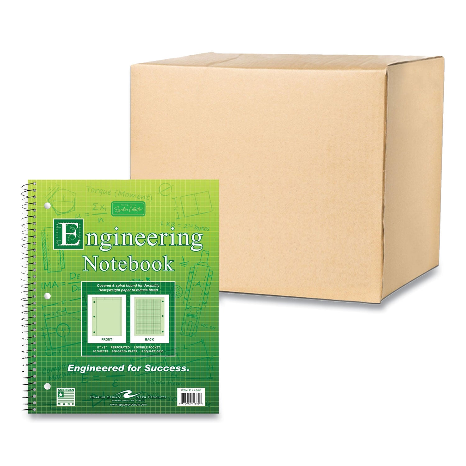 Roaring Spring® Wirebound Engineering Notebook, 20 lb Paper Stock, Green Cover, 80-Green 11 x 8.5 Sheets, 24/Carton