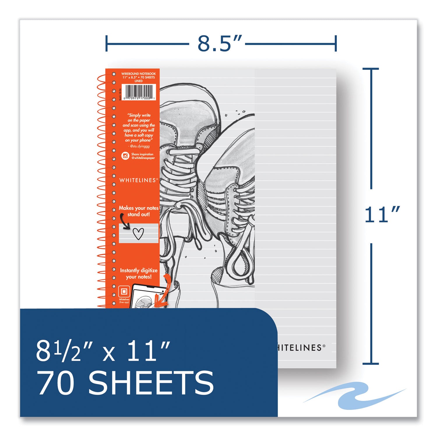 Roaring Spring® Whitelines Notebook, Medium/College Rule, Gray/Orange Cover, (70) 8.5 x 11 Sheets, 12/Carton