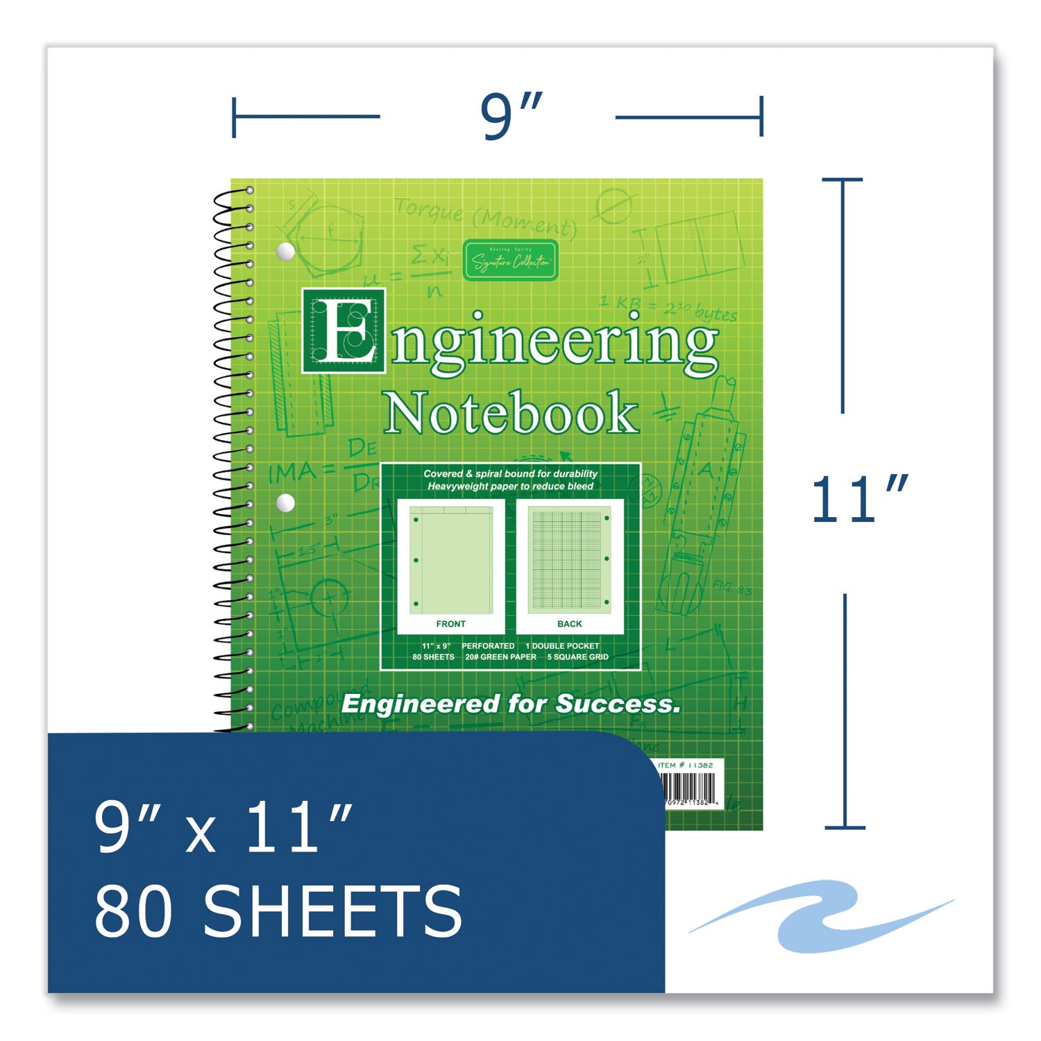 Roaring Spring® Wirebound Engineering Notebook, 20 lb Paper Stock, Green Cover, 80-Green 11 x 8.5 Sheets, 24/Carton