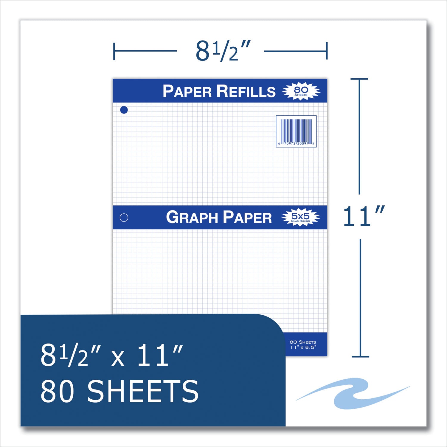 Roaring Spring® Graph Filler Paper, 3-Hole, 8.5 x 11, Quadrille: 5 sq/in, 80 Sheets/Pack, 24 Packs/Carton