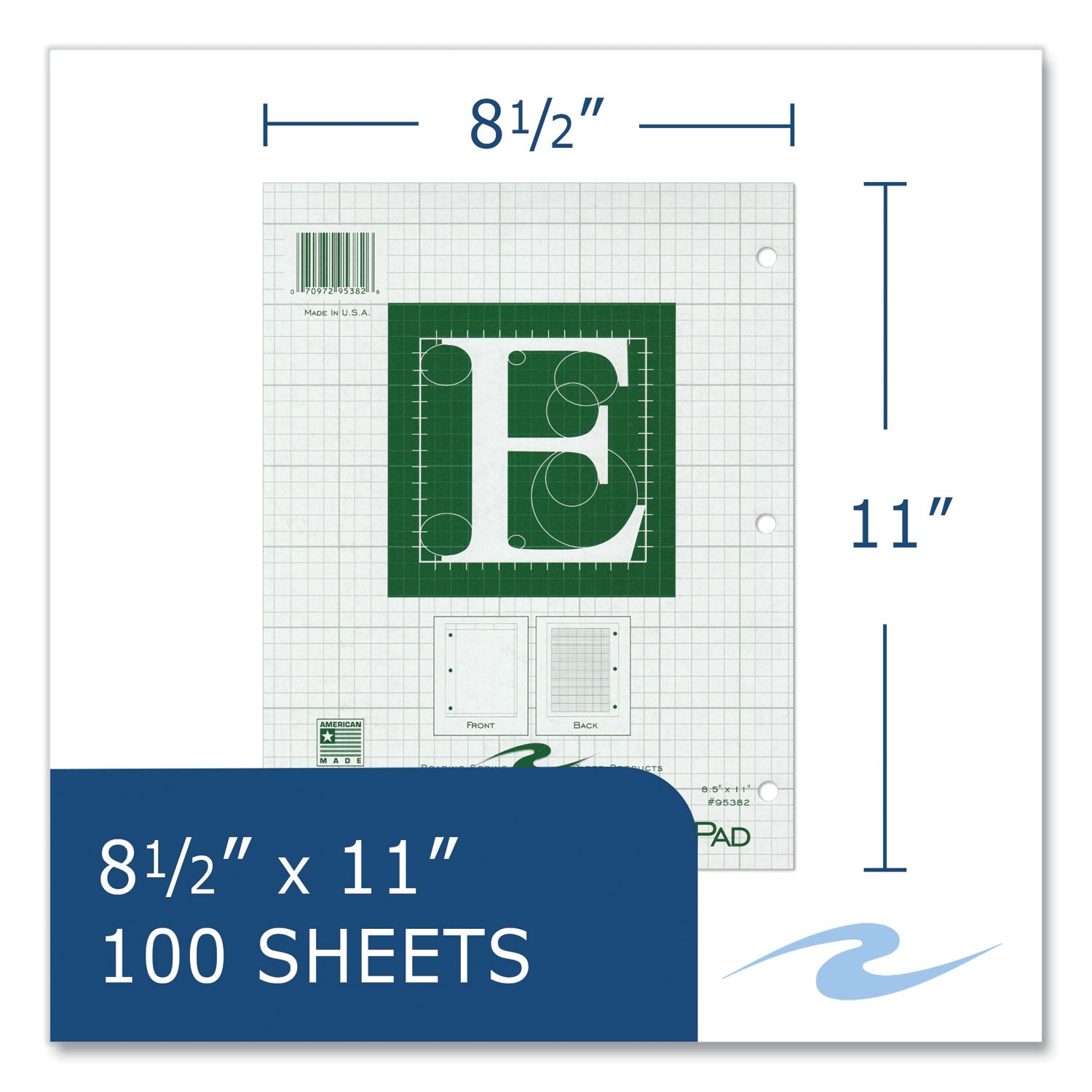 Roaring Spring® Engineer Pad, (0.5" Margins), Quad Rule (5 sq/in, 1 sq/in) 100 Light Green 8.5 x 11 Sheets/Pad, 24/Carton