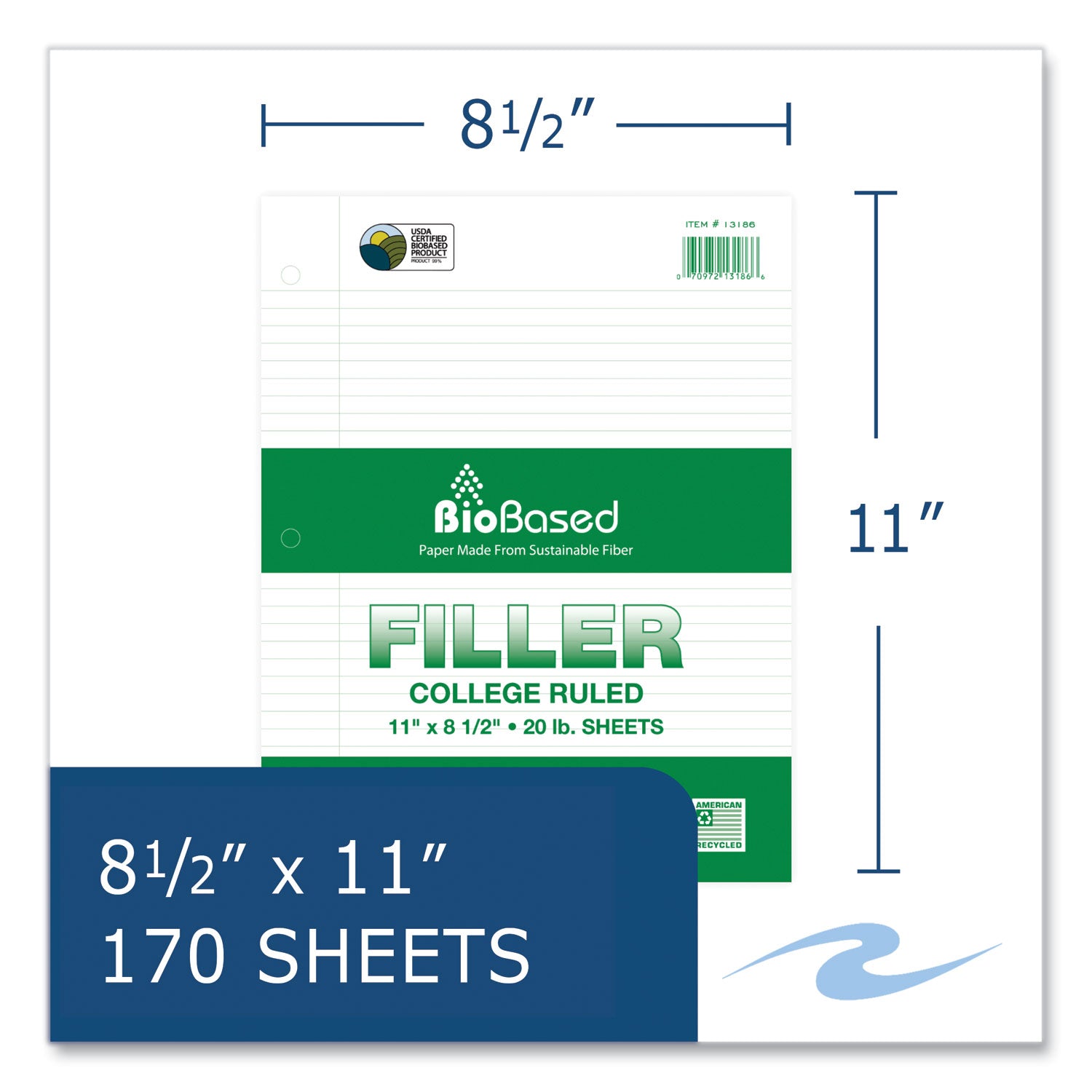 Roaring Spring® Filler Paper, 3-Hole, 8.5 x 11, College Rule, 170 Sheets/Pack, 12 Packs/Carton