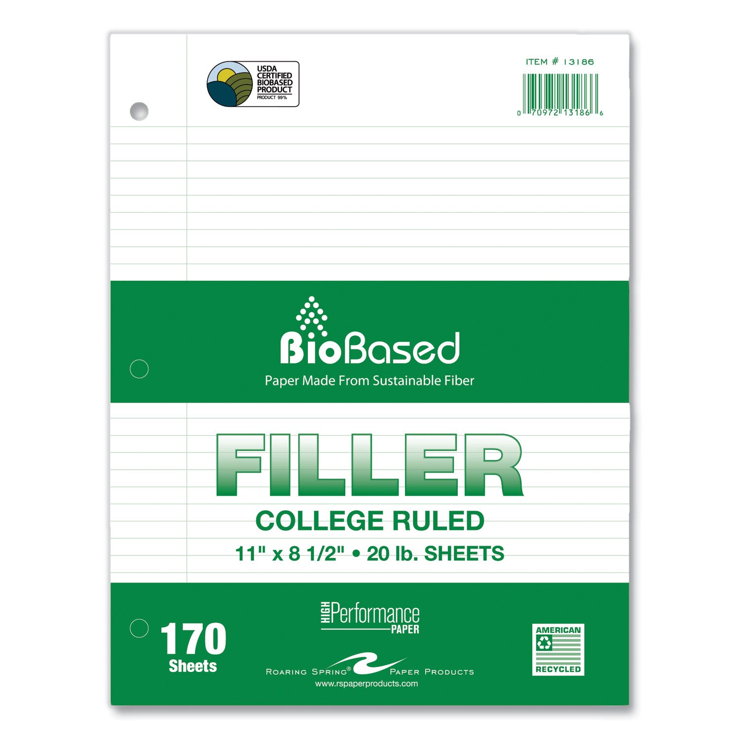 Roaring Spring® Filler Paper, 3-Hole, 8.5 x 11, College Rule, 170 Sheets/Pack, 12 Packs/Carton