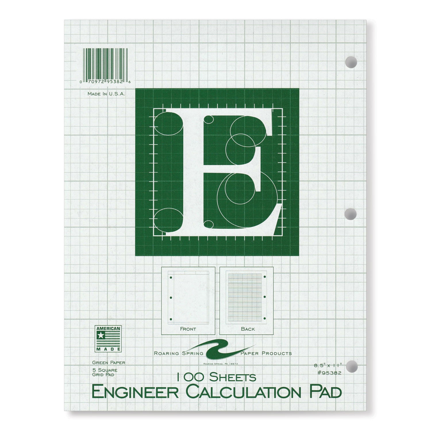 Roaring Spring® Engineer Pad, (0.5" Margins), Quad Rule (5 sq/in, 1 sq/in) 100 Light Green 8.5 x 11 Sheets/Pad, 24/Carton