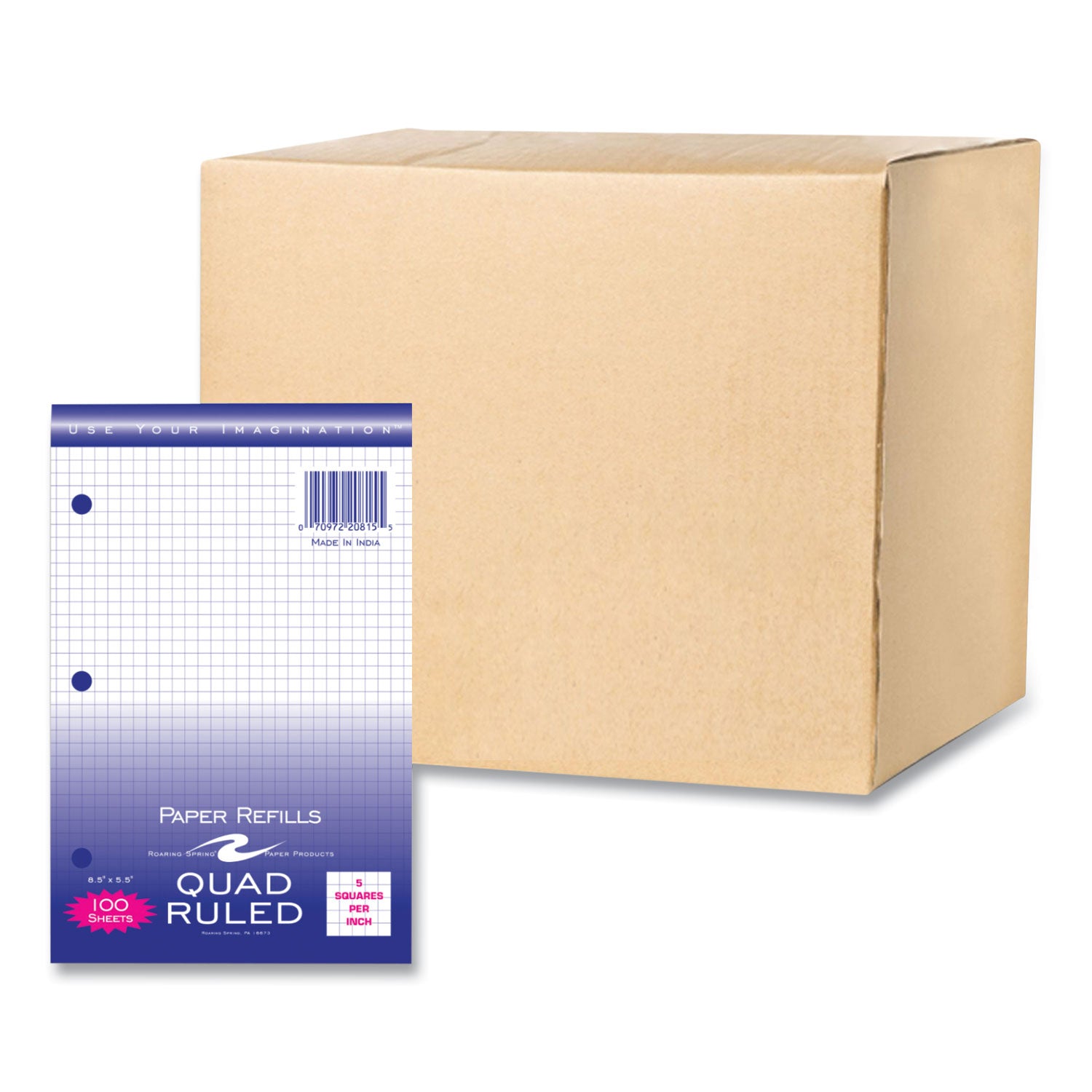 Roaring Spring® Graph Filler Paper, 3-Hole, Quadrille: 5 sq in, (100) 8.5 x 5.5 Sheets, 48/Carton