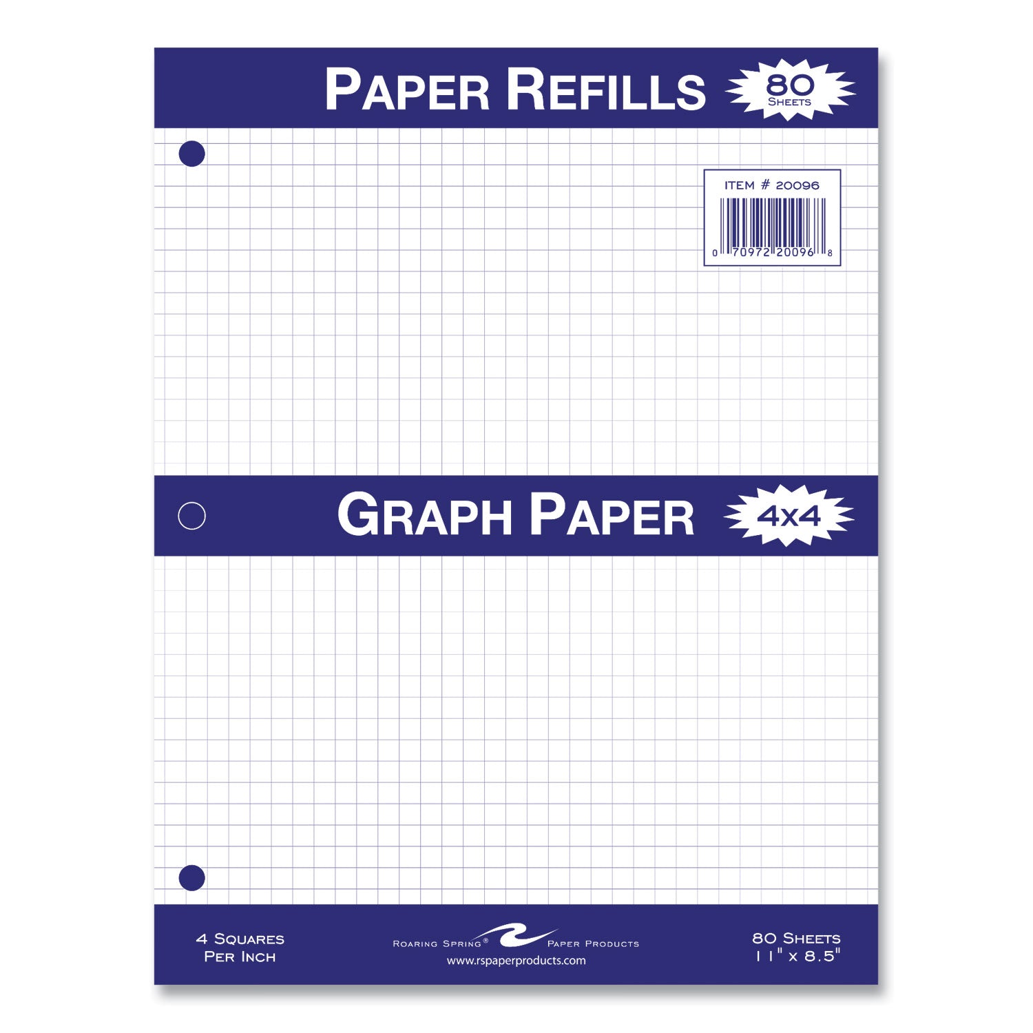 Roaring Spring® Graph Filler Paper, 3-Hole, 8.5 x 11, Quadrille: 4 sq/in, 80 Sheets/Pack, 24 Packs/Carton