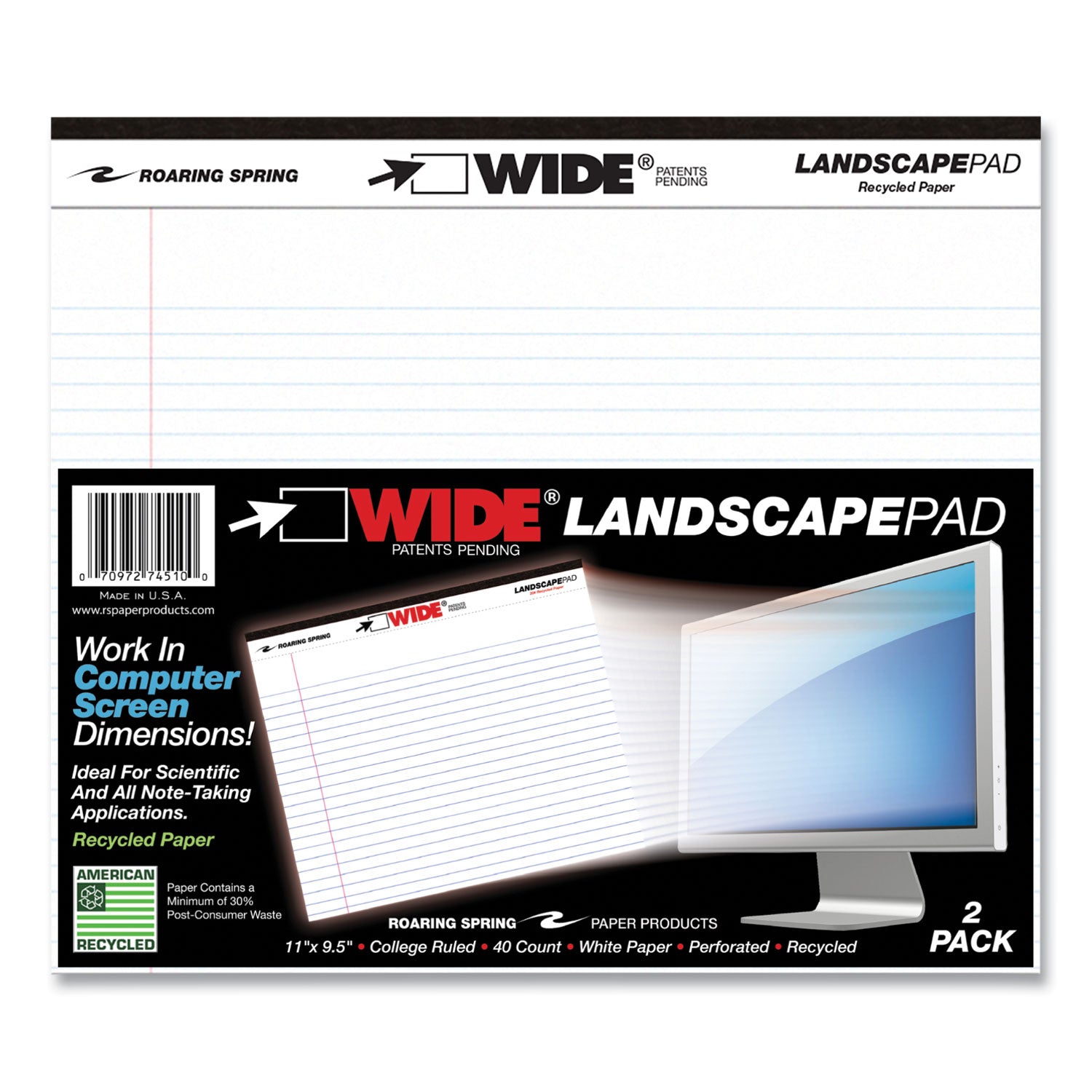 Roaring Spring® WIDE Landscape Format Writing Pad, Medium/College Rule, 40 White 11 x 9.5 Sheets, 18/Carton