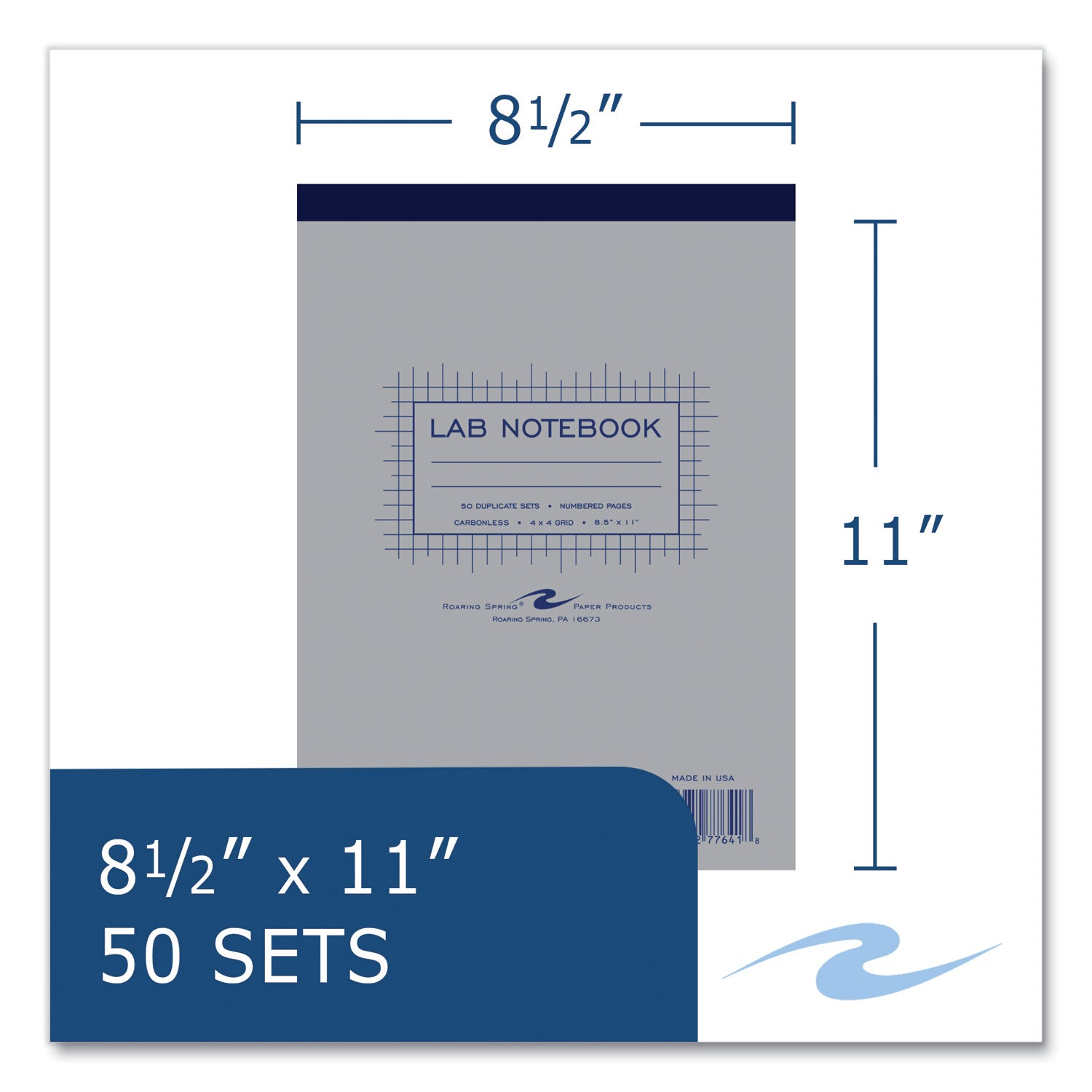 Roaring Spring® Lab and Science Carbonless Notebook, Quad Rule (4 sq/in), Gray Cover, (100) 8.5 x 11 Sheets, 24/Carton