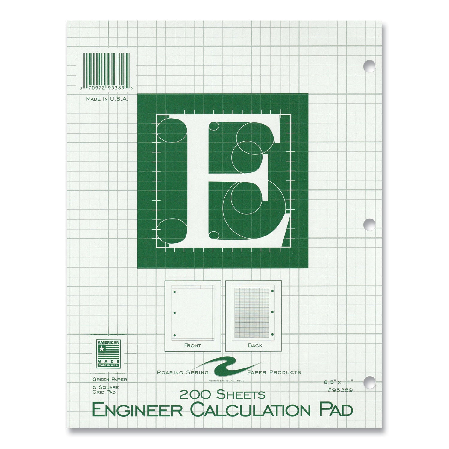 Roaring Spring® Engineer Pad, (0.5" Margins), Quad Rule (5 sq/in, 1 sq/in), 200 Light Green 8.5 x 11 Sheets/Pad, 12/Carton