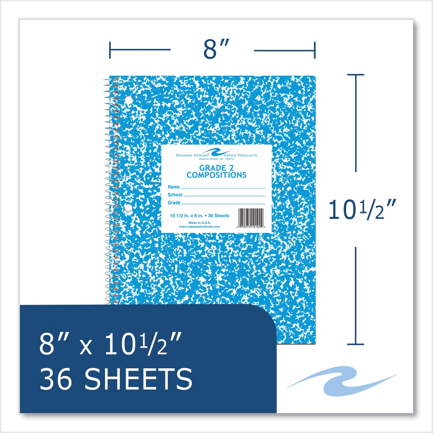 Roaring Spring® Wirebound Notebook, Grade 2 Manuscript Format, Blue Marble Cover, (36) 10.5 x 8 Sheets, 48/Carton