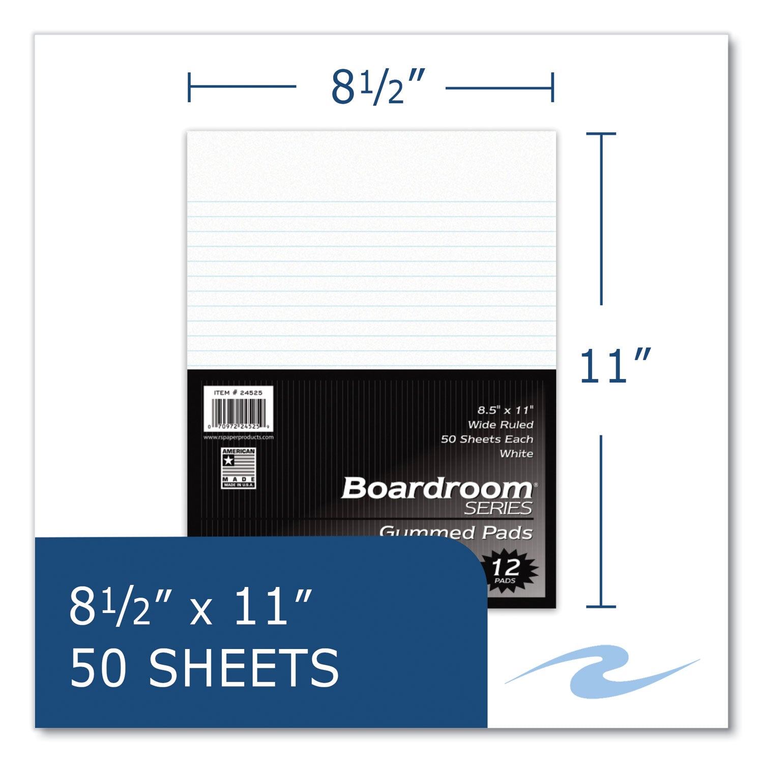 Roaring Spring® Boardroom Gummed Pad, Wide Rule, 50 White 8.5 x 11 Sheets, 72/Carton