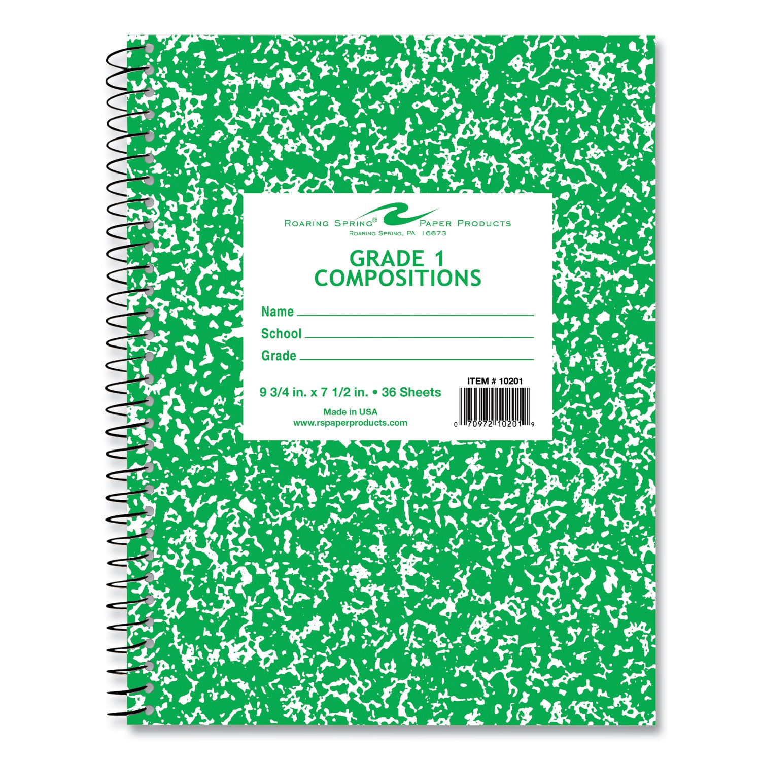 Roaring Spring® Wirebound Composition Book, 1 Subject, Manuscript Format, Green Cover, (36) 9.75 x 7.5 Sheets, 48/Carton