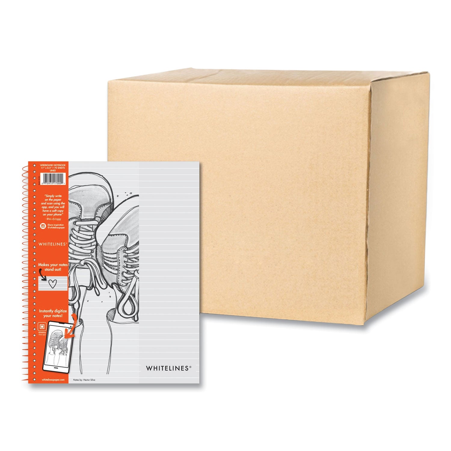 Whitelines Notebook, Medium/College Rule, Gray/Orange Cover, (70) 8.5 x 11 Sheets, 12/Carton