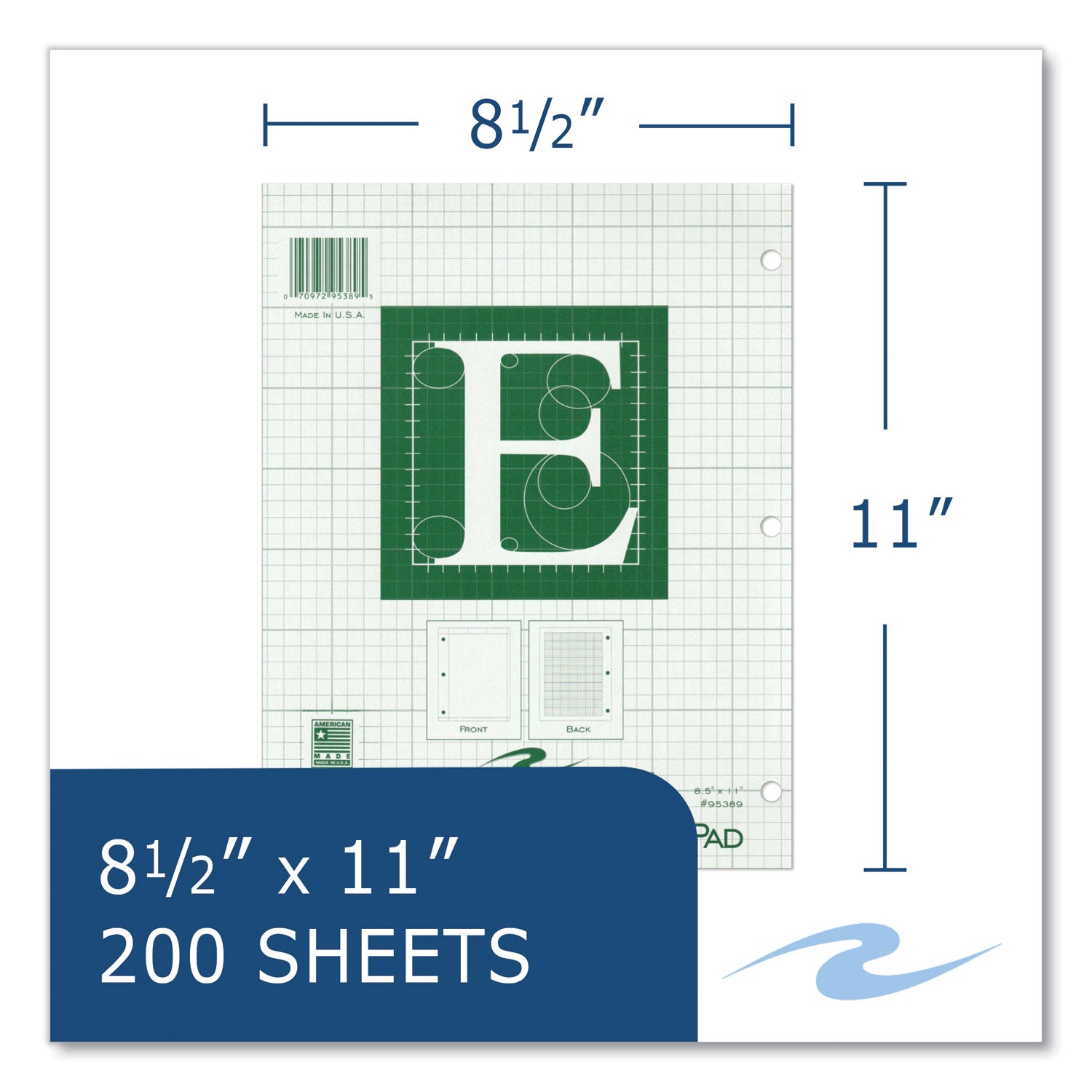 Roaring Spring® Engineer Pad, (0.5" Margins), Quad Rule (5 sq/in, 1 sq/in), 200 Light Green 8.5 x 11 Sheets/Pad, 12/Carton