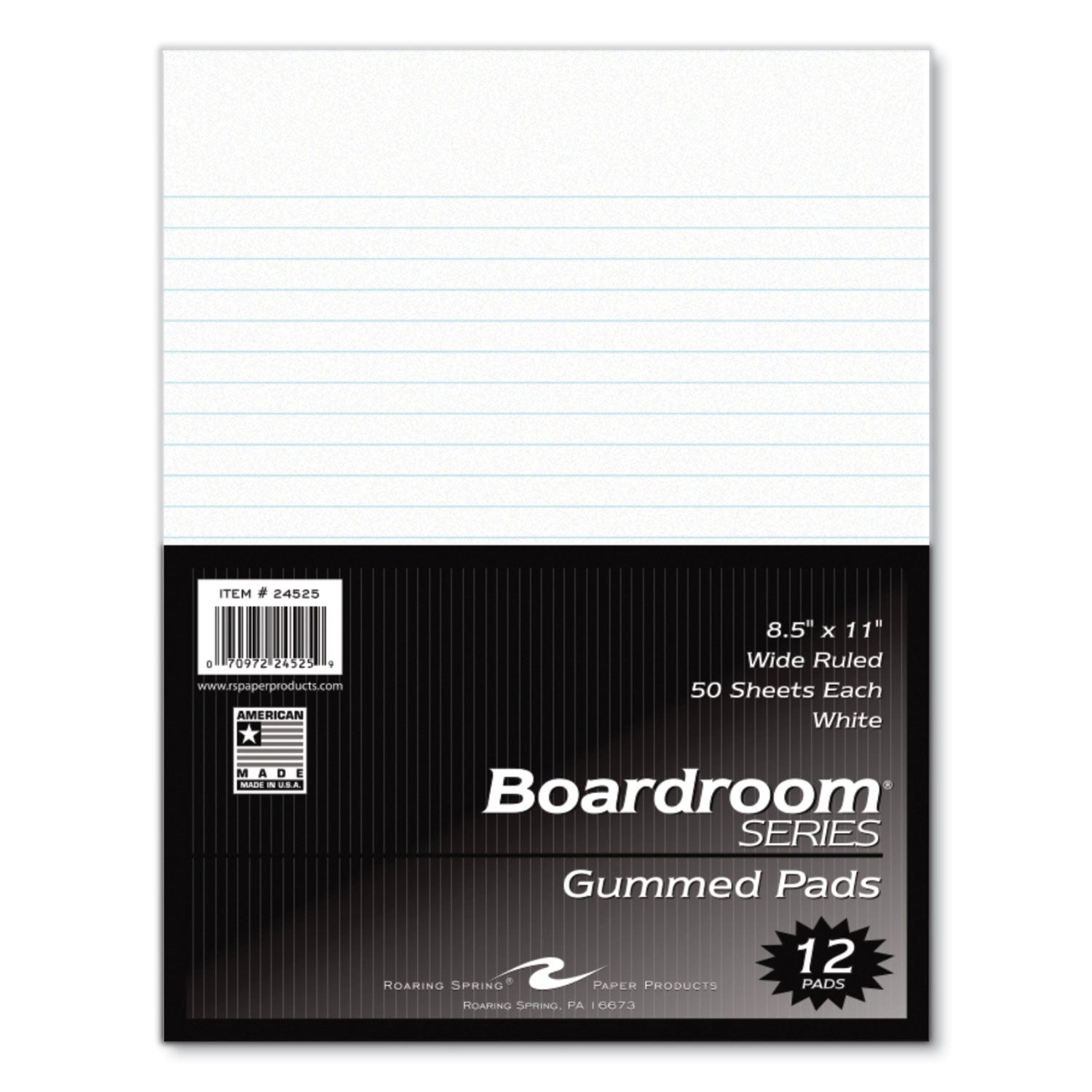 Roaring Spring® Boardroom Gummed Pad, Wide Rule, 50 White 8.5 x 11 Sheets, 72/Carton