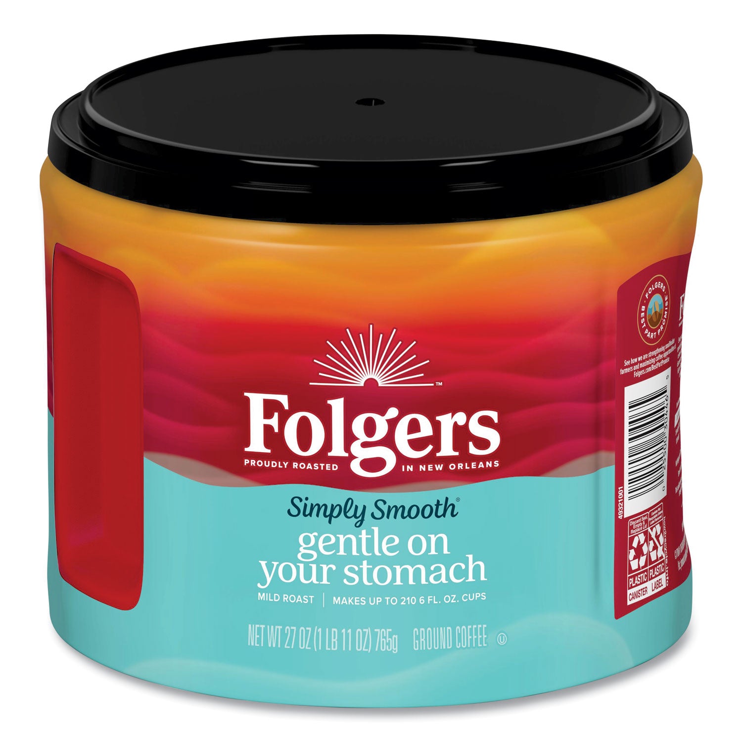 Folgers® Simply Smooth Ground Coffee, Gentle On Your Stomach, 27 oz Canister, 6/Carton