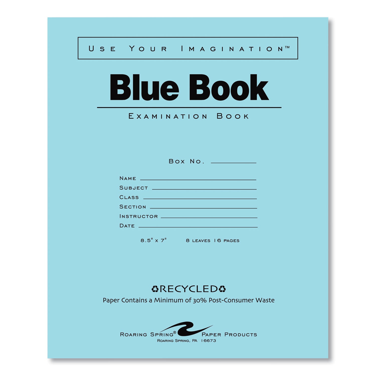 Roaring Spring® Recycled Exam Book, Wide/Legal Rule, Blue Cover, (8) 8.5 x 7 Sheets, 600/Carton