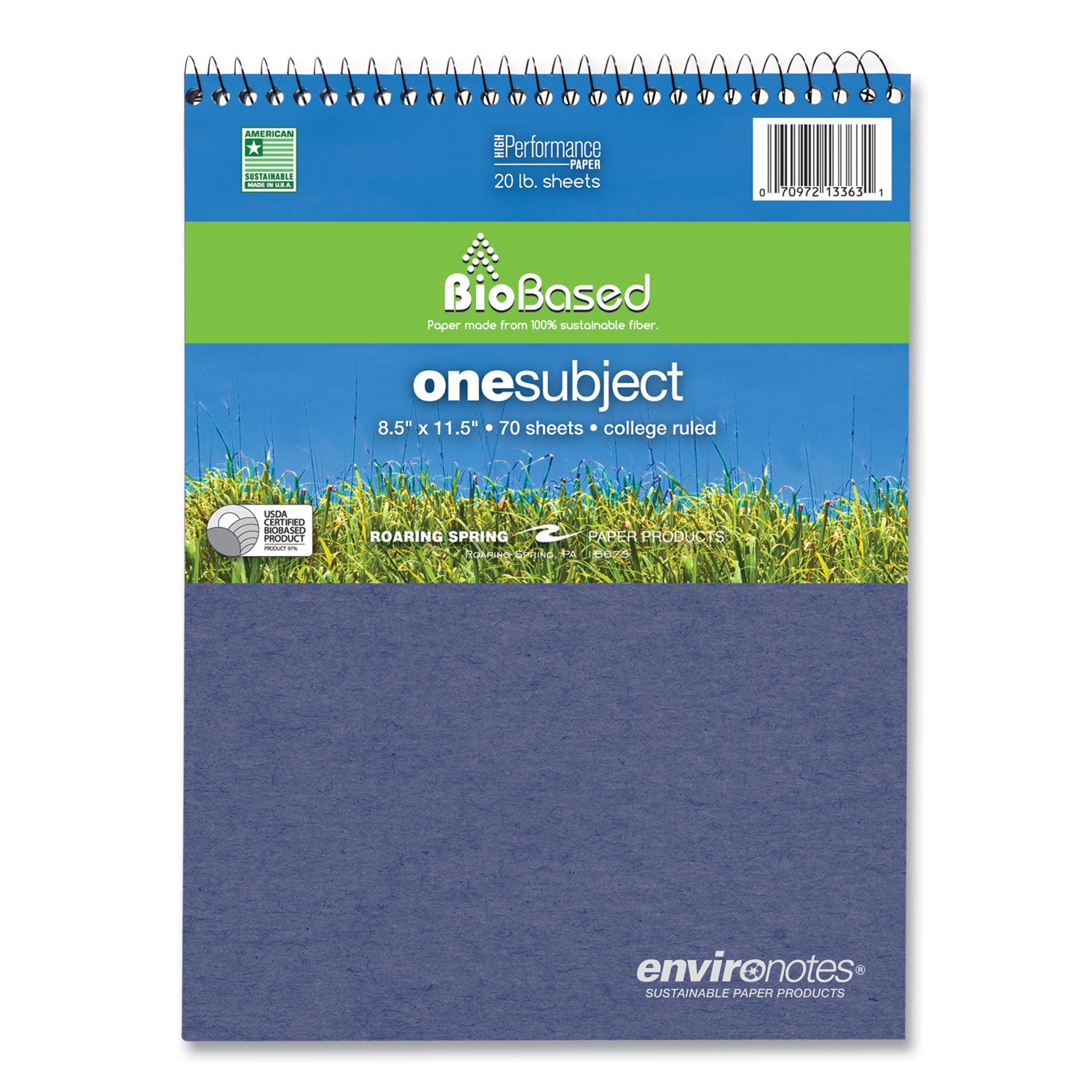 Roaring Spring® Earthtones BioBased 1 Subject Notebook, Medium/College Rule, Assorted Covers, (70) 8.5 x 11.5 Sheets, 24/Carton