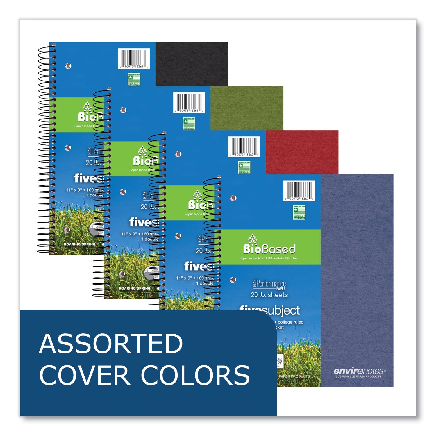 Roaring Spring® Earthtones BioBased 5 Subject Notebook, Medium/College Rule, Randomly Assorted Covers, (160) 11x9 Sheets, 12/Carton