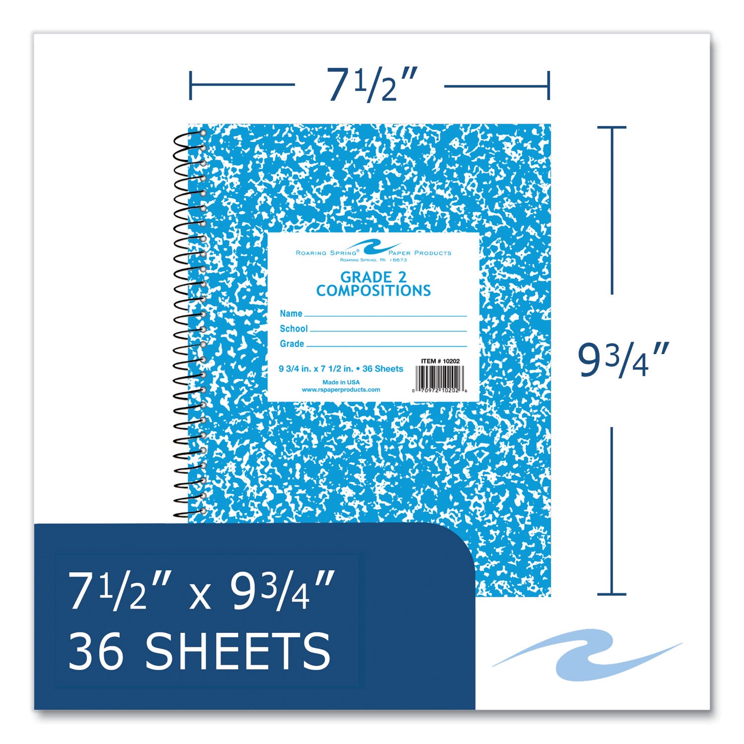 Roaring Spring® Composition Book, 1-Subject, Grade 2 Manuscript Format, Blue Cover, (36) 9.75 x 7.5 Sheets, 48/Carton