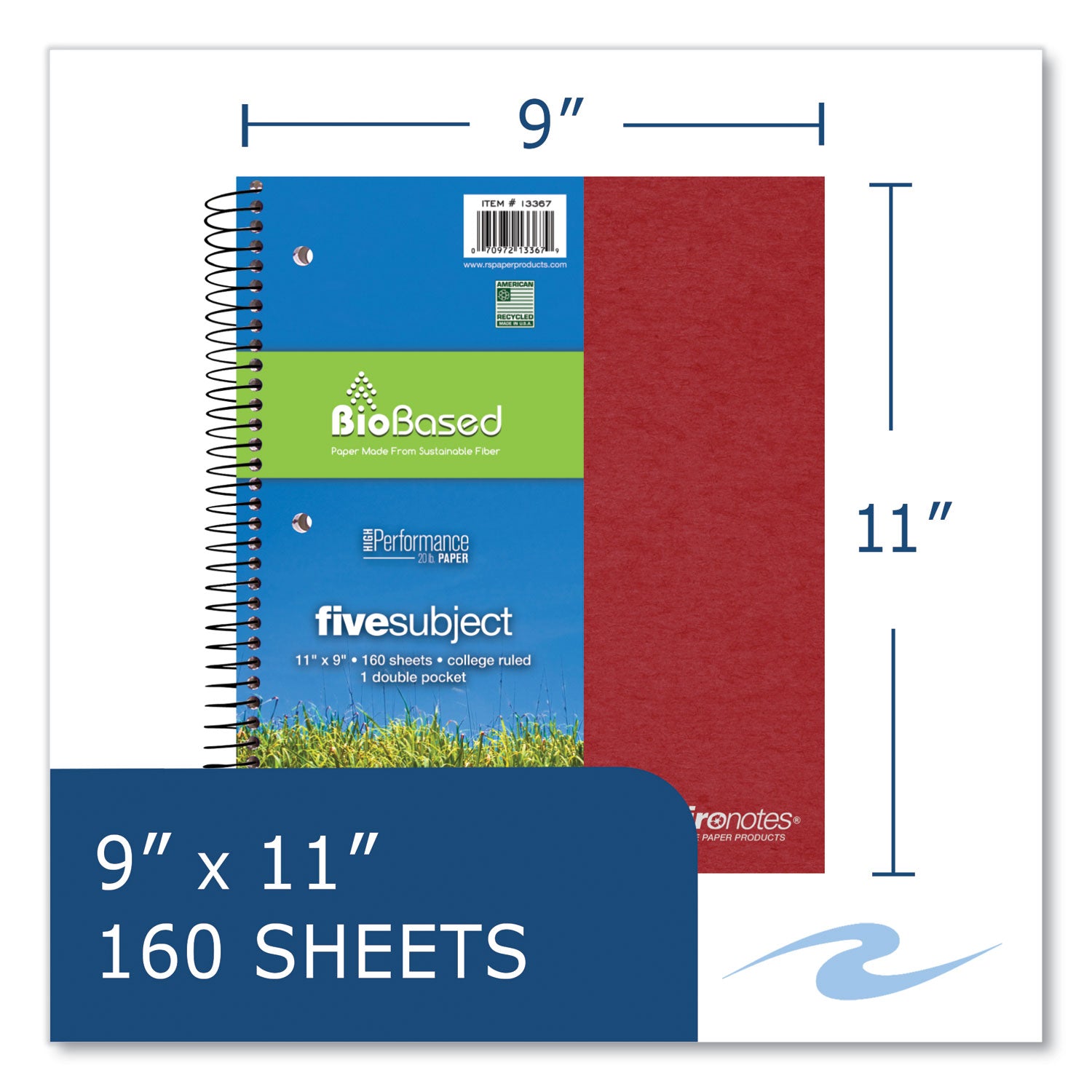 Roaring Spring® Earthtones BioBased 5 Subject Notebook, Medium/College Rule, Randomly Assorted Covers, (160) 11x9 Sheets, 12/Carton