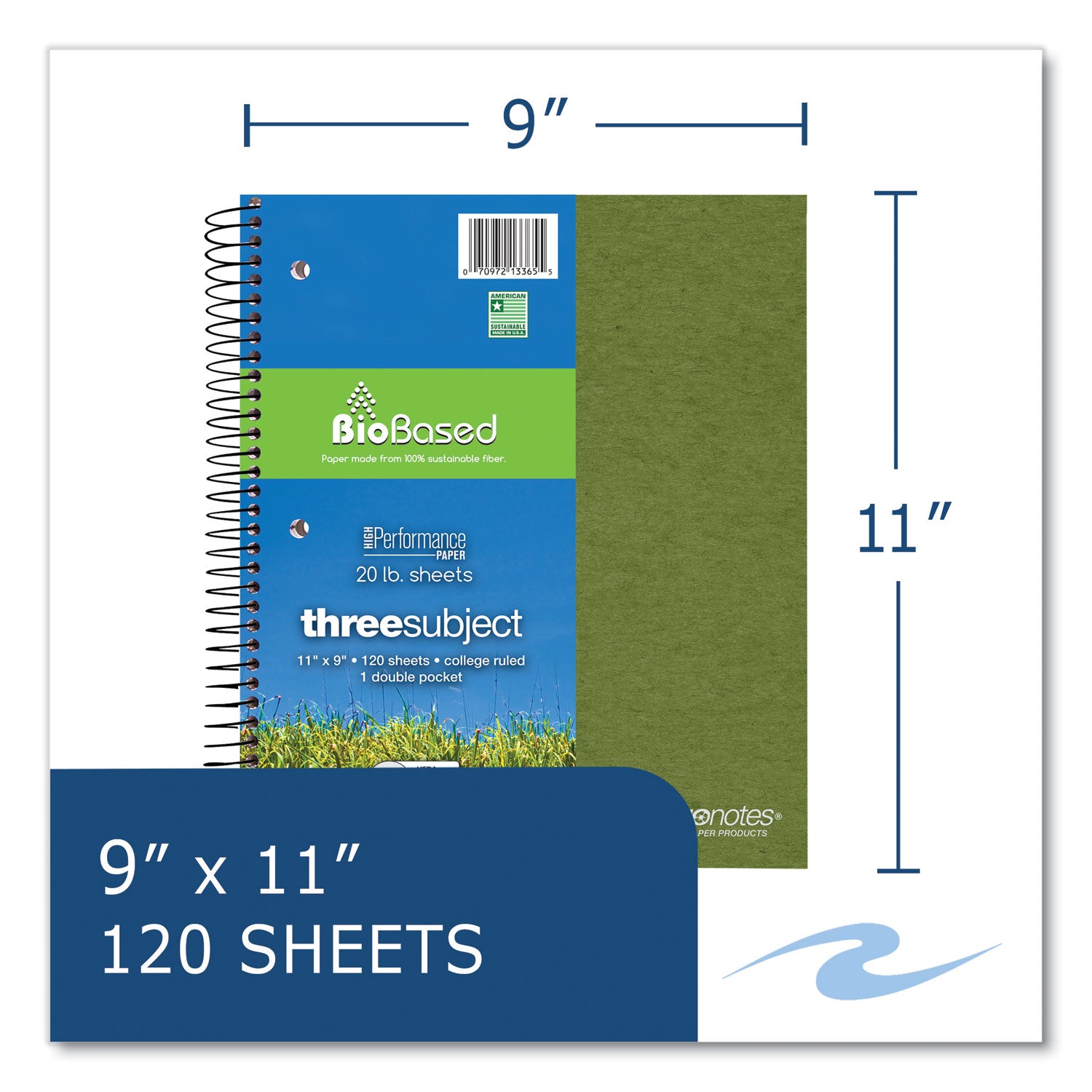 Roaring Spring® Earthtones BioBased 3 Subject Notebook, Medium/College Rule, Randomly Assorted Covers, (120) 11 x 9 Sheets, 24/Carton