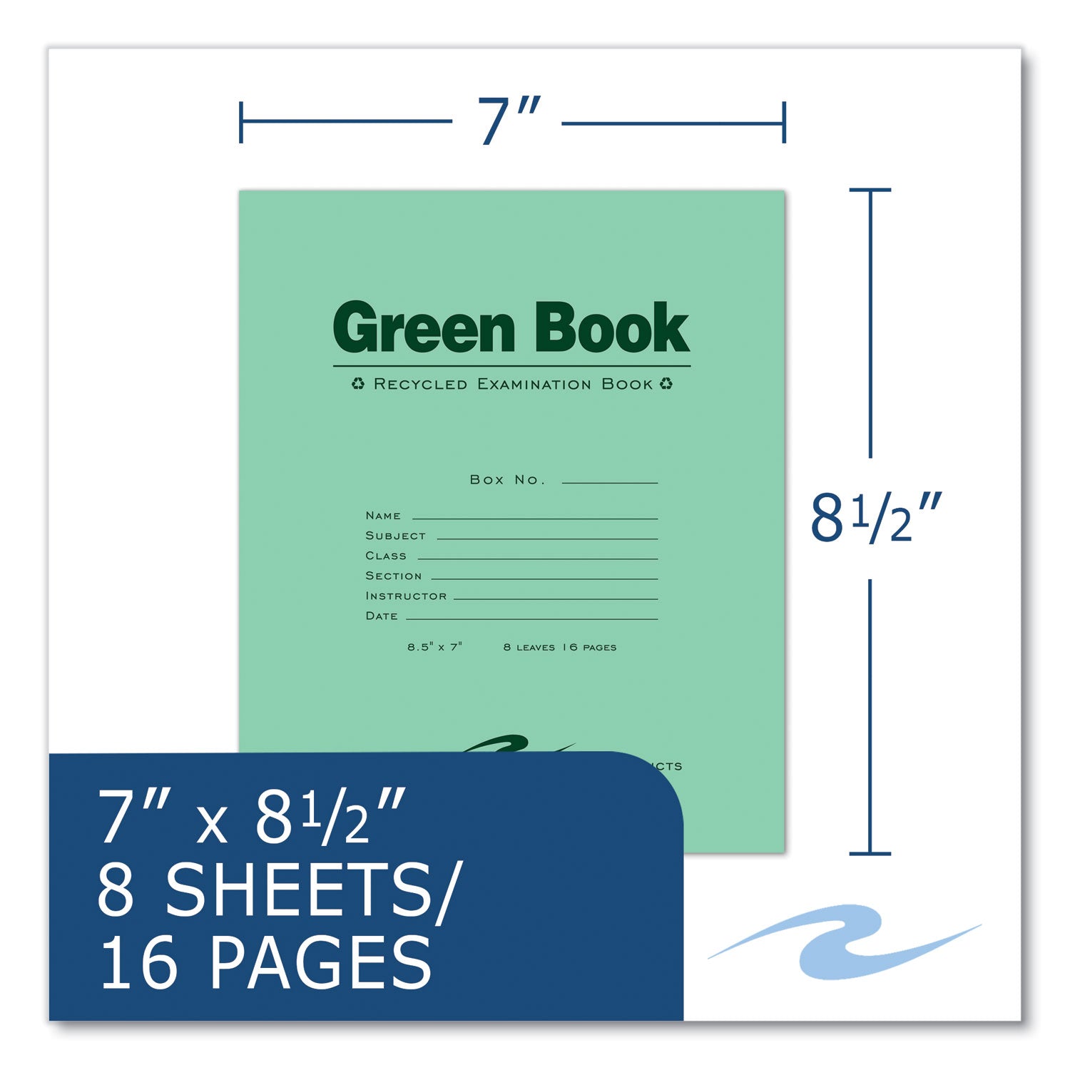 Roaring Spring® Recycled Exam Book, Wide/Legal Rule, Green Cover, (8) 8.5 x 7 Sheets, 600/Carton