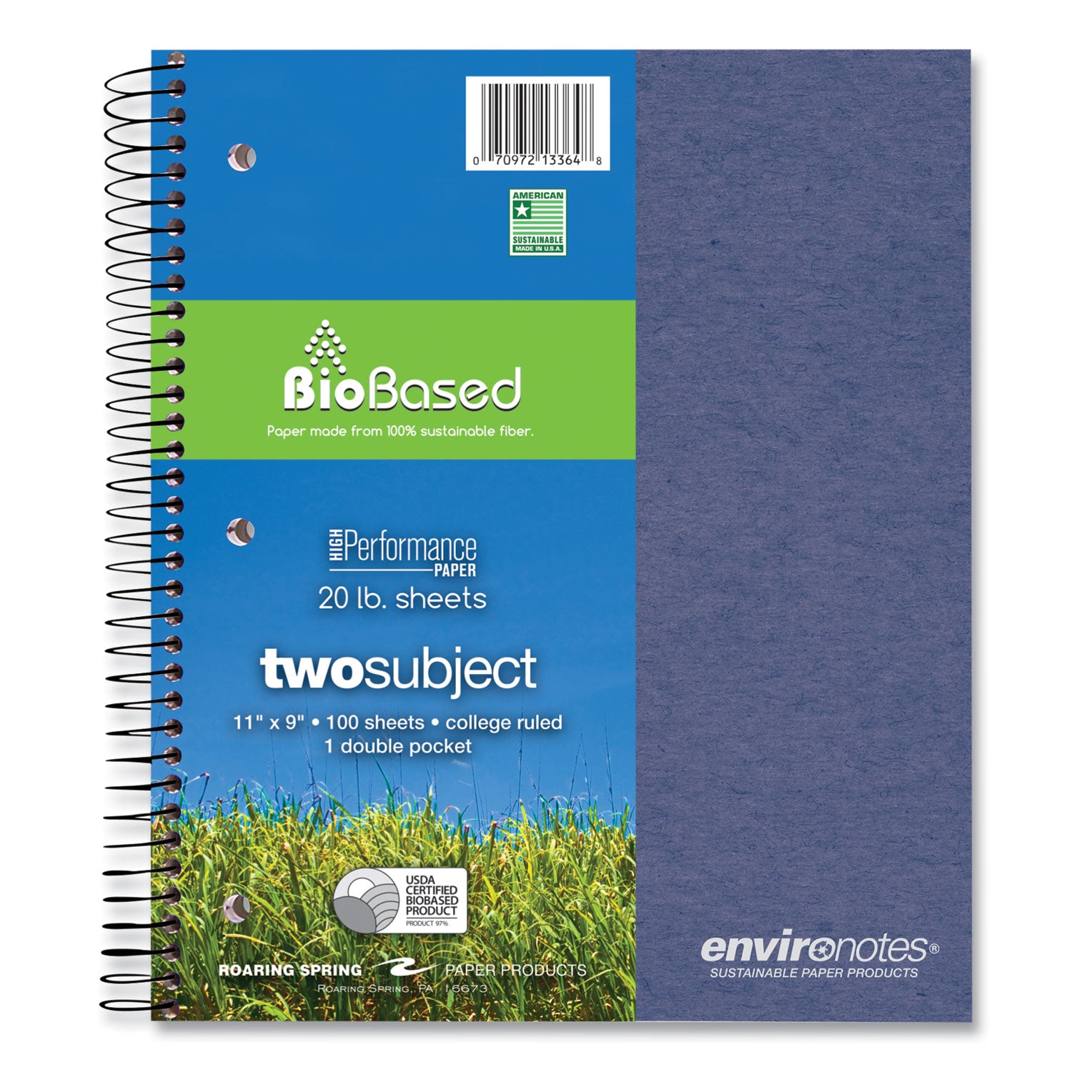 Roaring Spring® Earthtones BioBased 2 Subject Notebook, Medium/College Rule, Randomly Assorted Covers, (100) 11 x 9 Sheets, 24/Carton