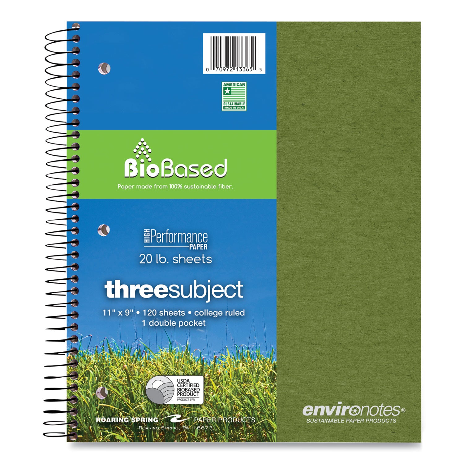 Roaring Spring® Earthtones BioBased 3 Subject Notebook, Medium/College Rule, Randomly Assorted Covers, (120) 11 x 9 Sheets, 24/Carton