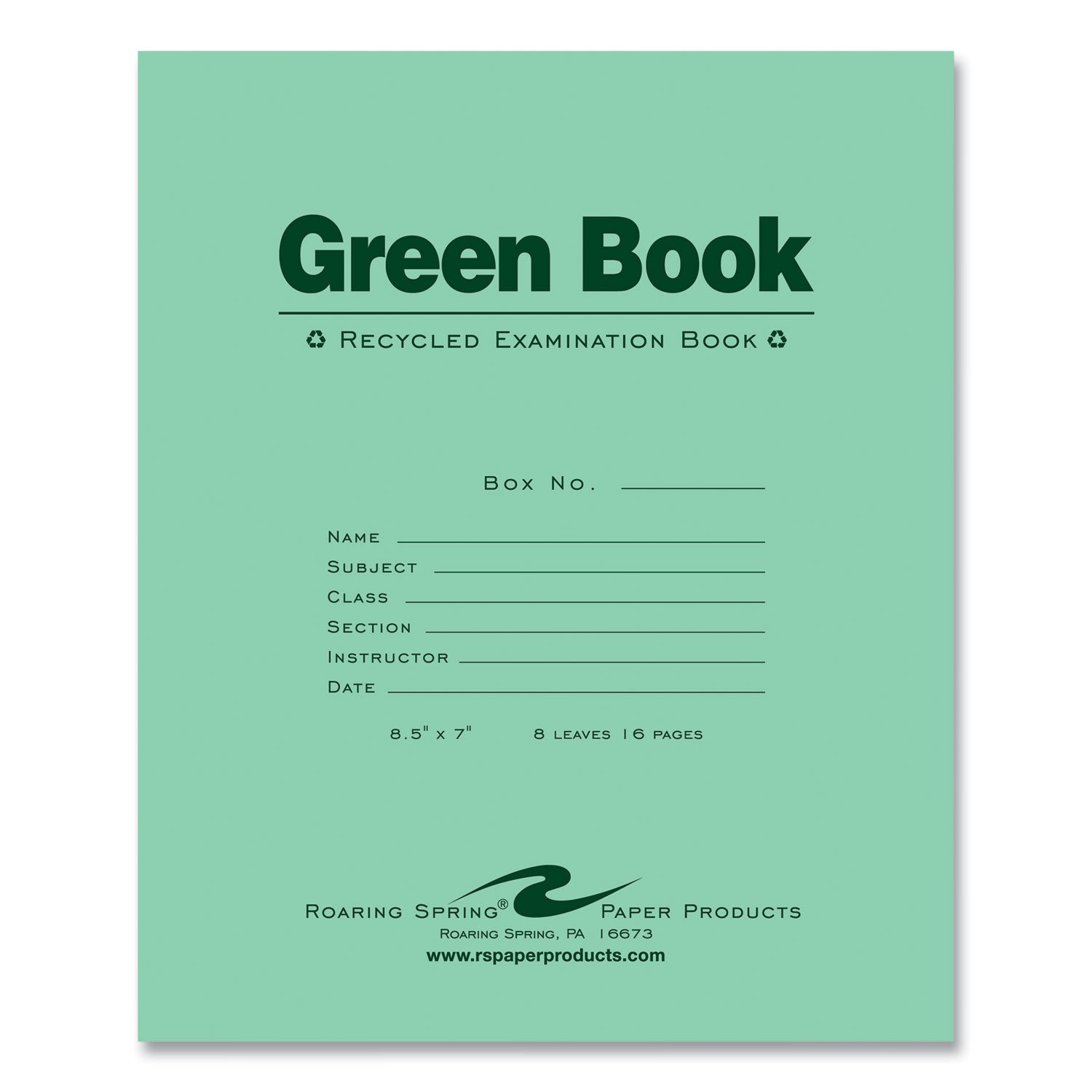 Roaring Spring® Recycled Exam Book, Wide/Legal Rule, Green Cover, (8) 8.5 x 7 Sheets, 600/Carton