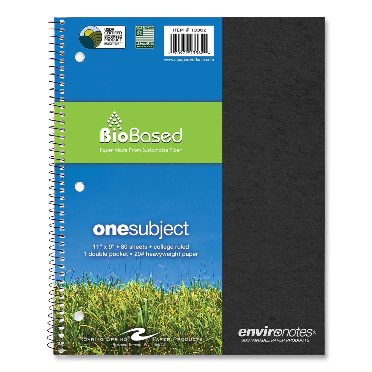 Roaring Spring® Earthtones BioBased 1 Subject Notebook, Medium/College Rule, Randomly Assorted Covers, (80) 11 x 9 Sheets, 24/Carton