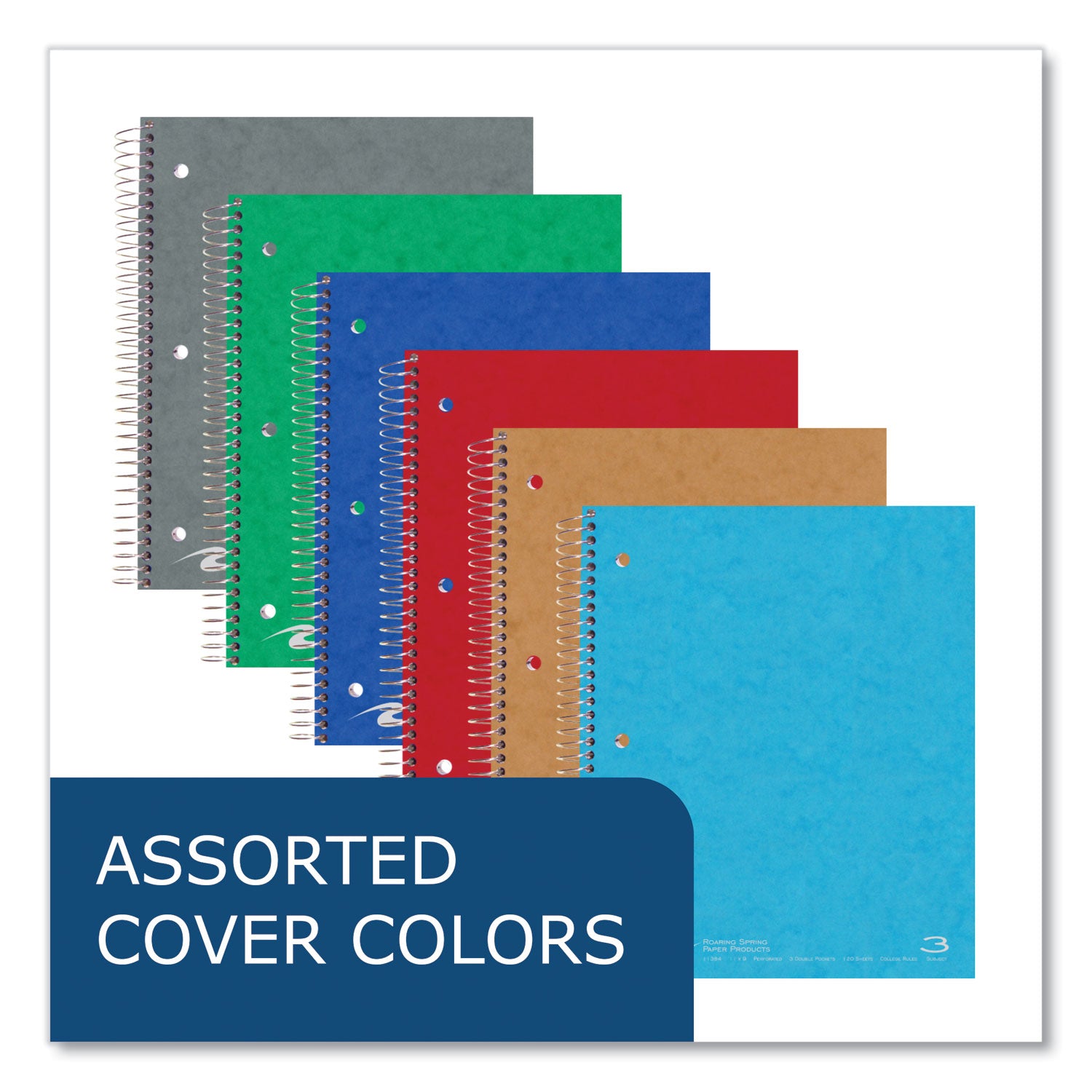 Roaring Spring® Subject Wirebound Notebook, 3-Subject, Medium/College Rule, Assorted Cover, (120) 11 x 9 Sheets, 24/Carton