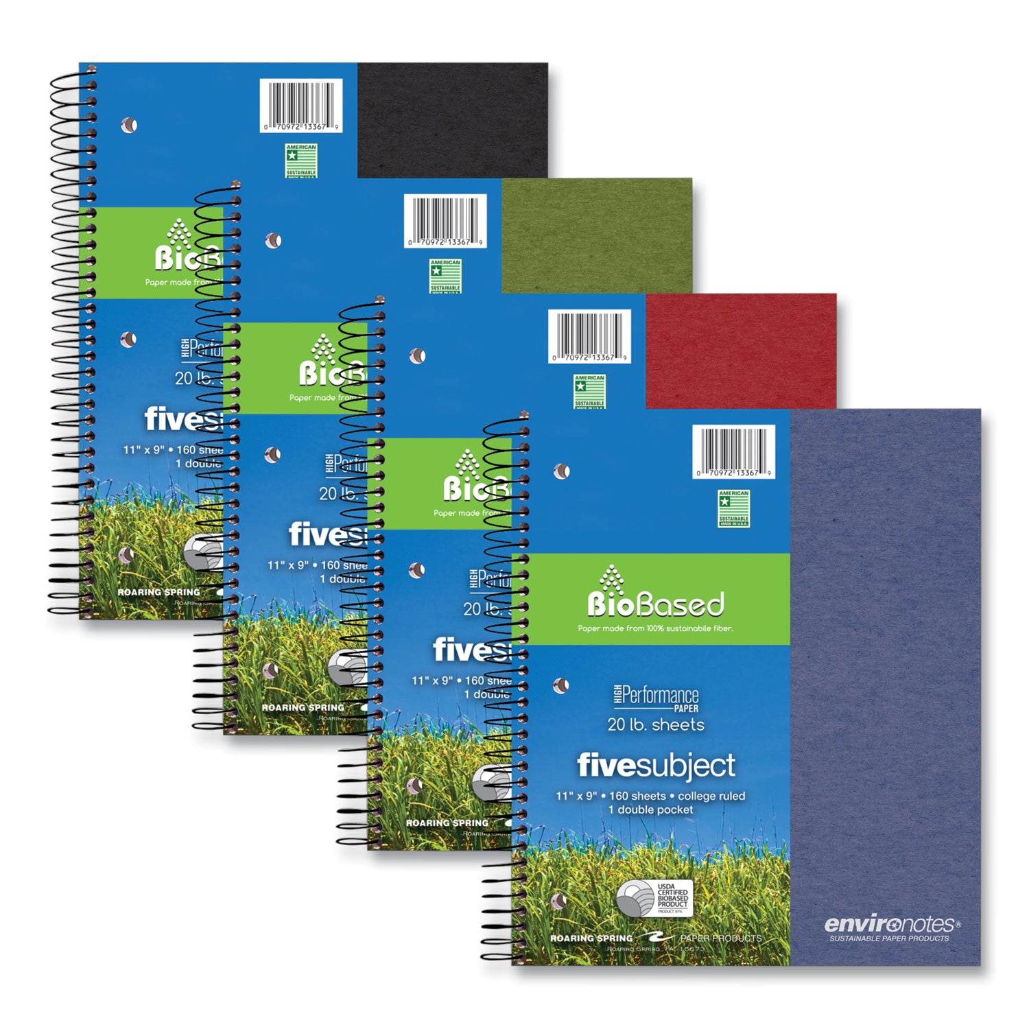 Roaring Spring® Earthtones BioBased 5 Subject Notebook, Medium/College Rule, Randomly Assorted Covers, (160) 11x9 Sheets, 12/Carton