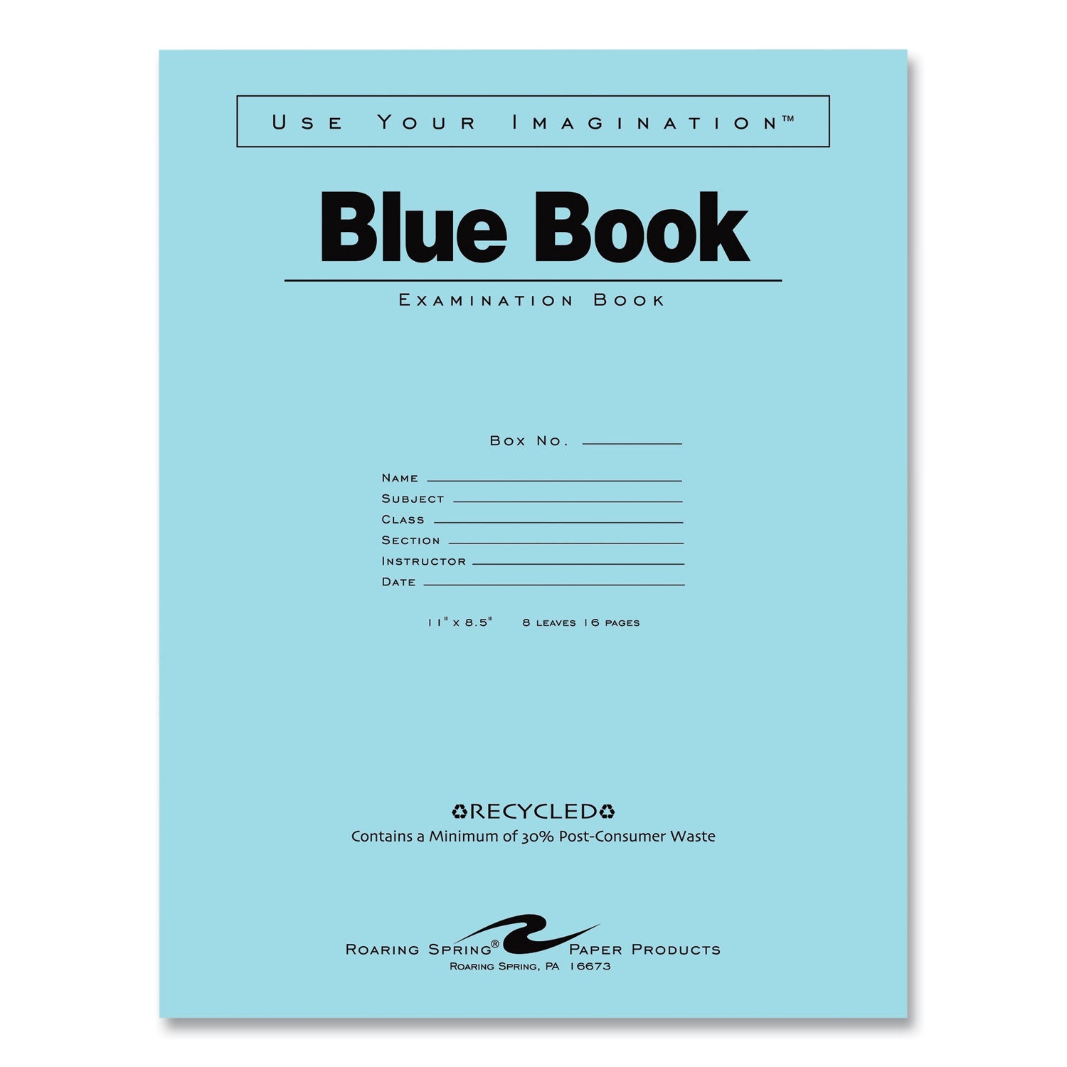 Roaring Spring® Recycled Exam Book, Wide/Legal Rule, Blue Cover, (8) 11 x 8.5 Sheets, 500/Carton