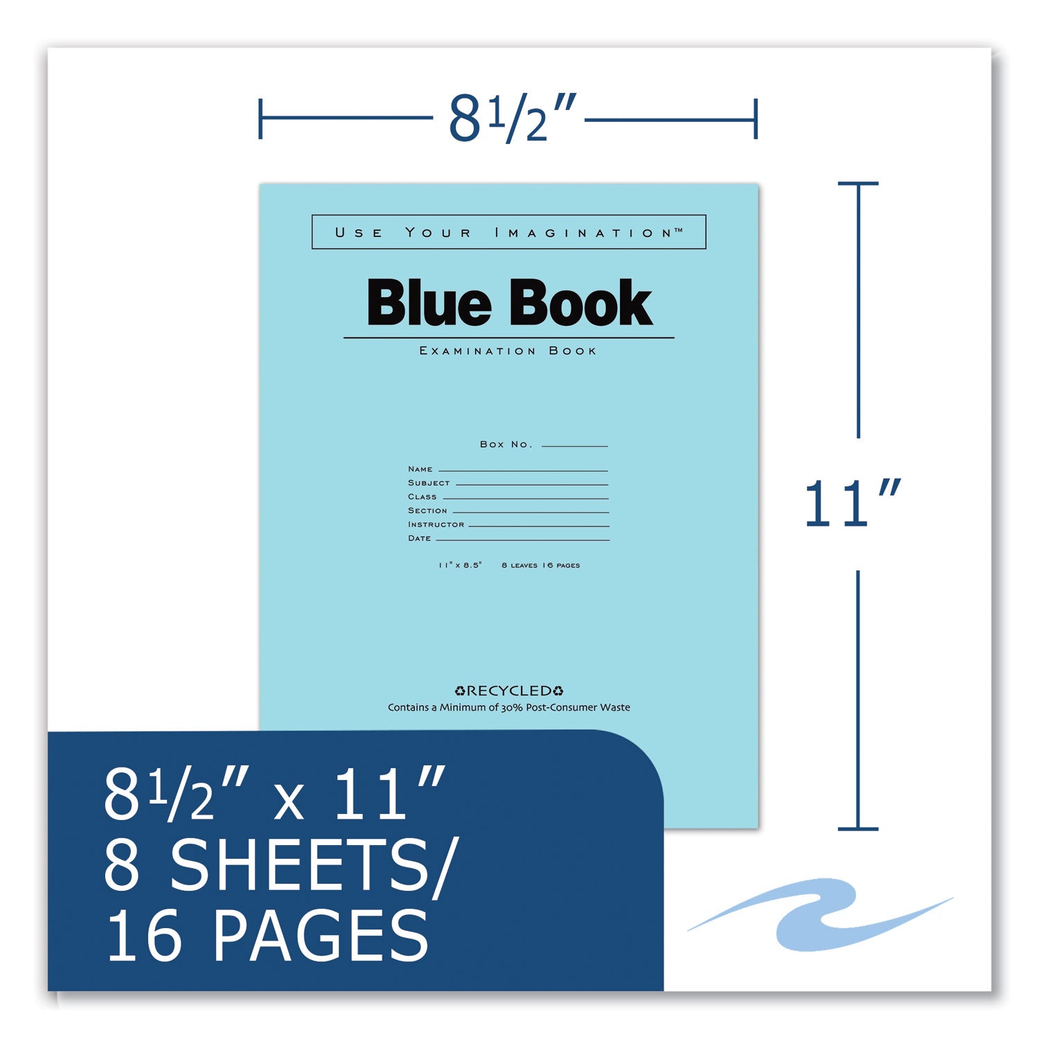 Roaring Spring® Recycled Exam Book, Wide/Legal Rule, Blue Cover, (8) 11 x 8.5 Sheets, 500/Carton