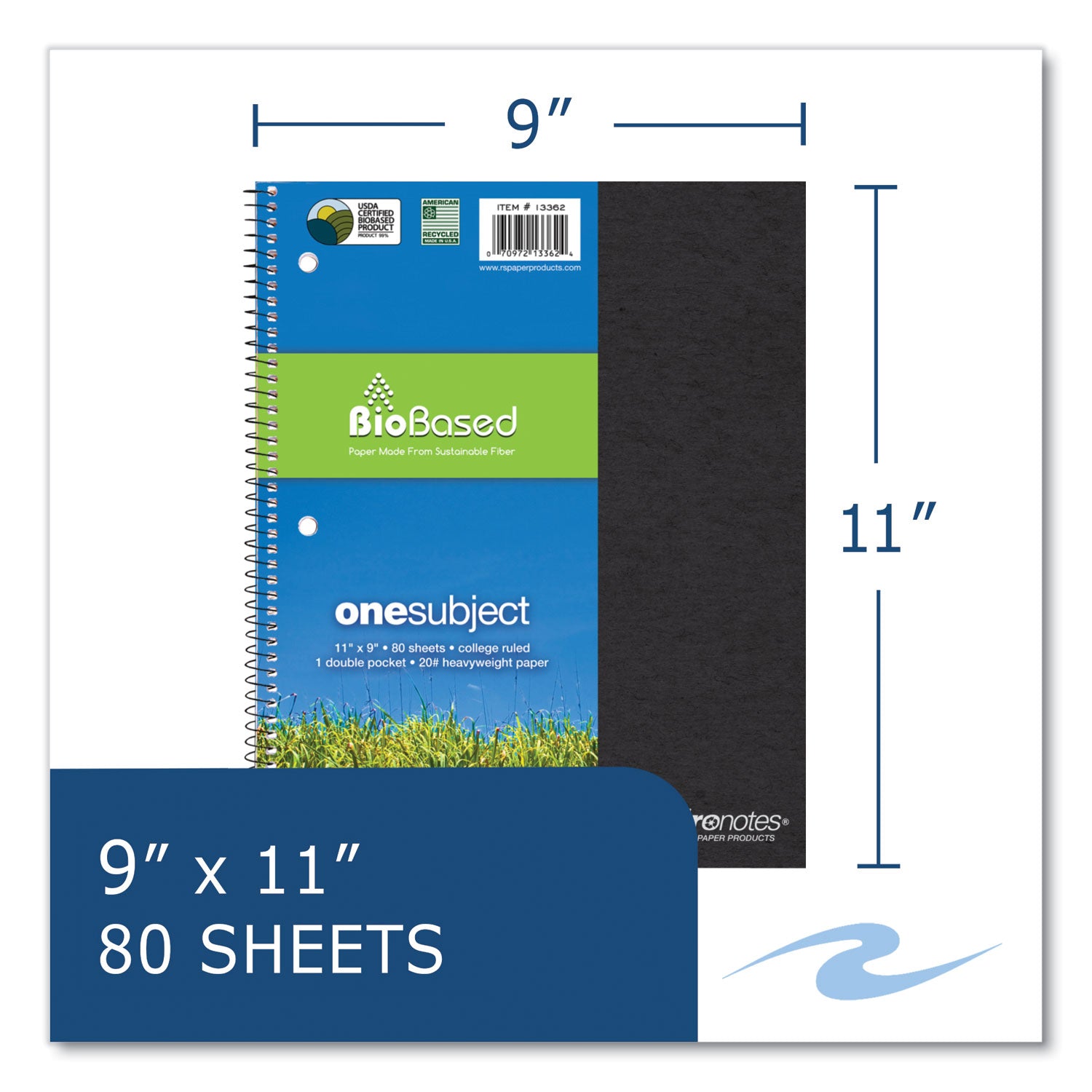 Roaring Spring® Earthtones BioBased 1 Subject Notebook, Medium/College Rule, Randomly Assorted Covers, (80) 11 x 9 Sheets, 24/Carton