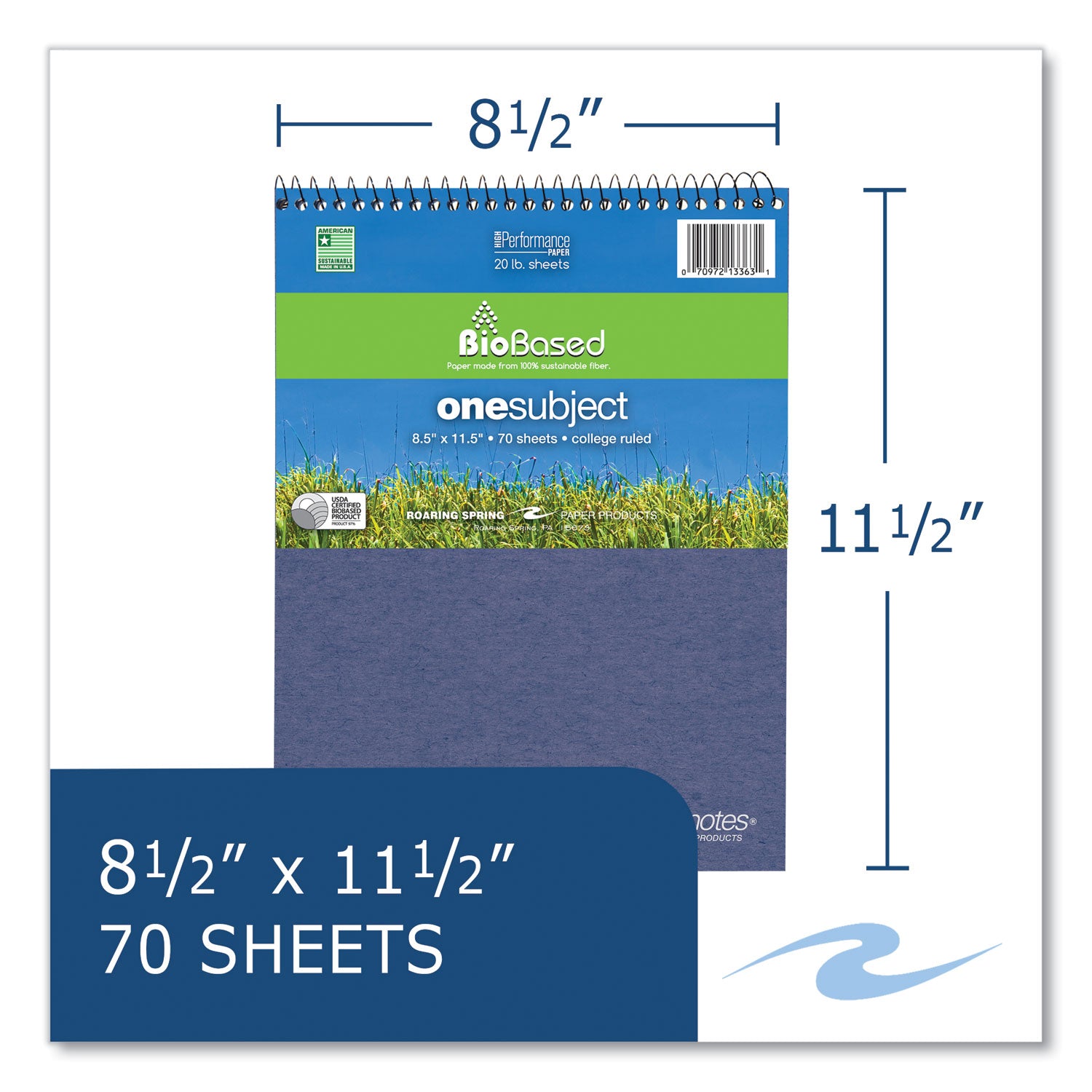 Roaring Spring® Earthtones BioBased 1 Subject Notebook, Medium/College Rule, Assorted Covers, (70) 8.5 x 11.5 Sheets, 24/Carton