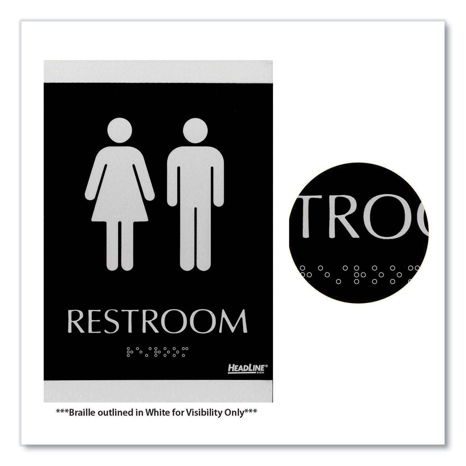 Headline® Sign Century Series Office Sign, Men/Women Restroom, 6 x 9, Black/Silver