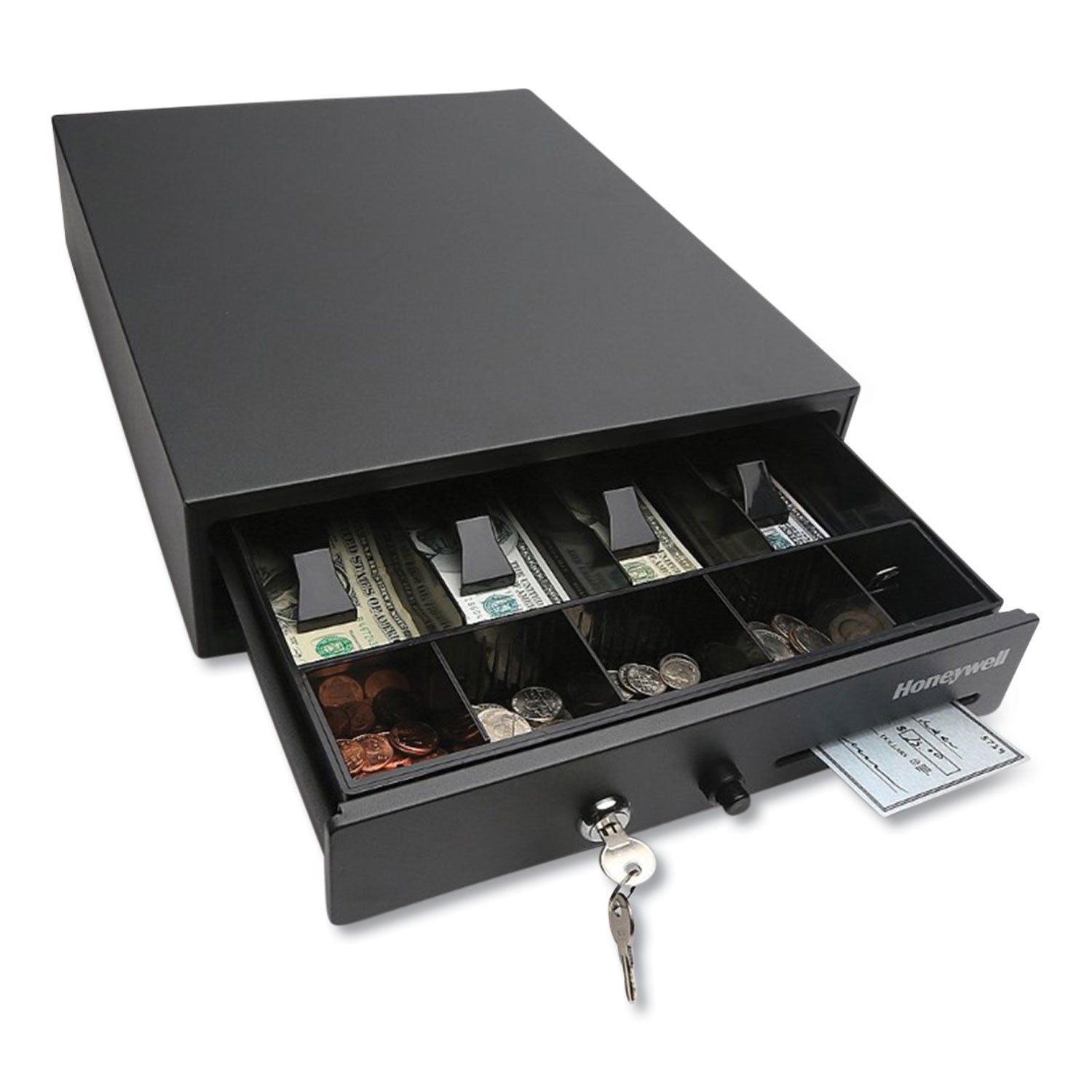 Honeywell Space-Saving Steel Cash Drawer, 4 Bill, 5 Coin Slots, Key Lock, 17 x 13 x 4, Black