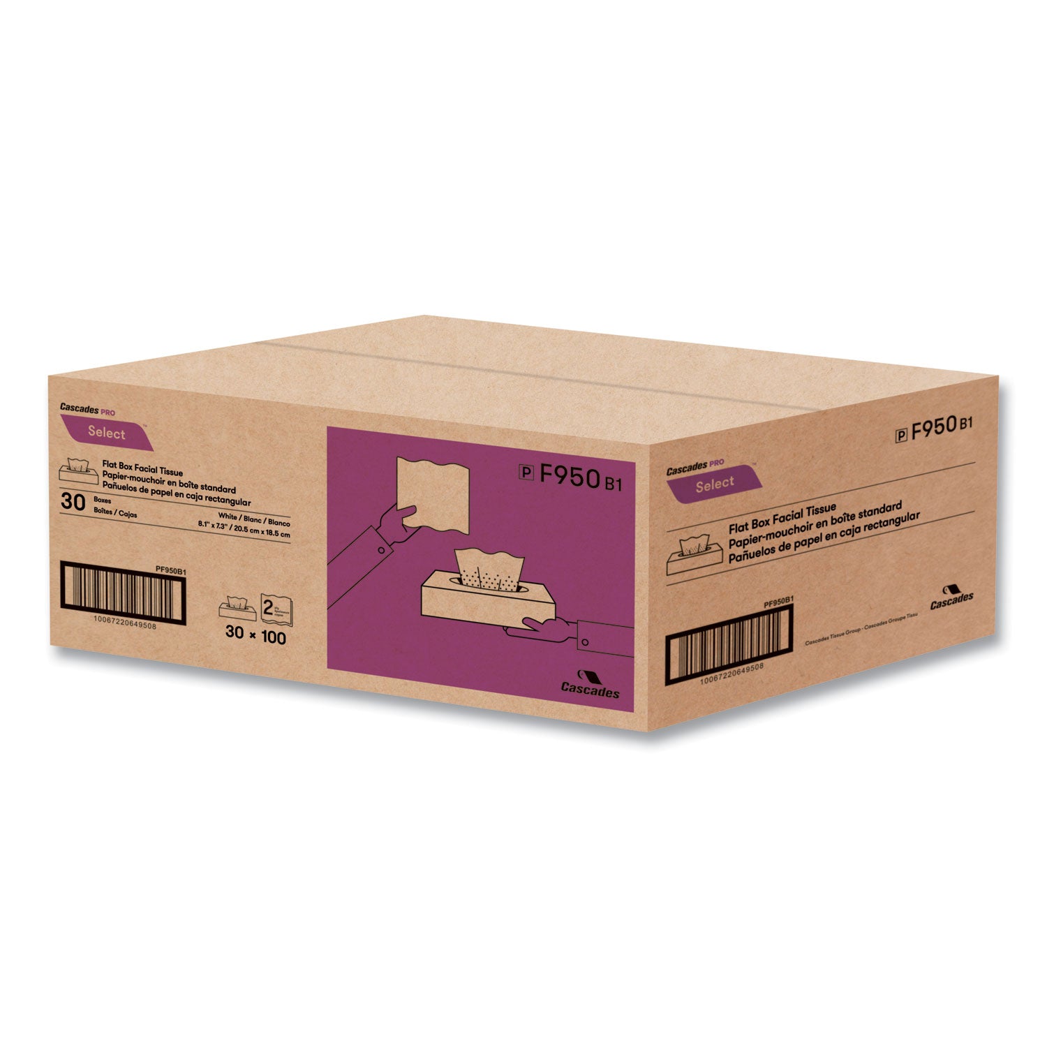 Cascades PRO Select Flat Box Facial Tissue, 2-Ply, White, 100 Sheets/Box, 30 Boxes/Carton