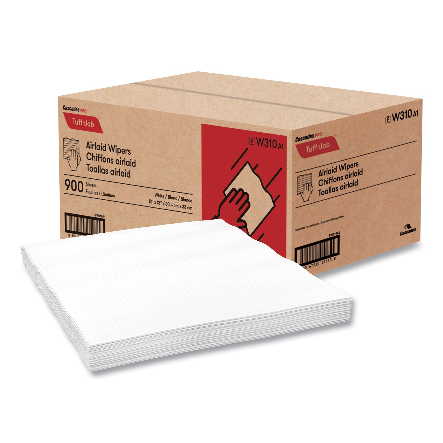 Cascades PRO Tuff-Job Airlaid Wipers, Medium, 12 x 13, White, 900/Carton